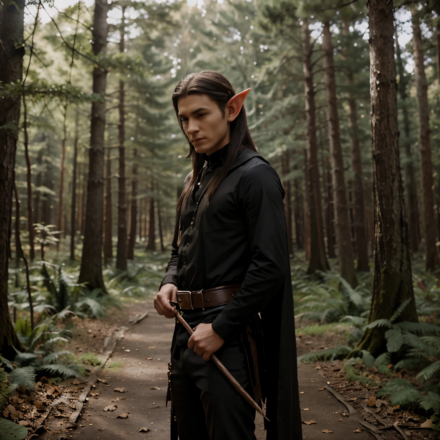 Elf/ pointy ears/ male/ black/ using a bow/ in the forest