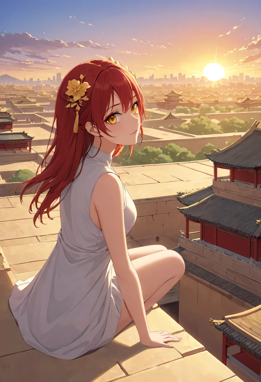 A woman with red makeup sits on the roof of the house,Gaze at the distant skyline,The sunset and the ancient capital create beautiful scenery together,the forbidden city,Sunset yellow sand,Sunset,cloud,fallen flowers,ancient city,