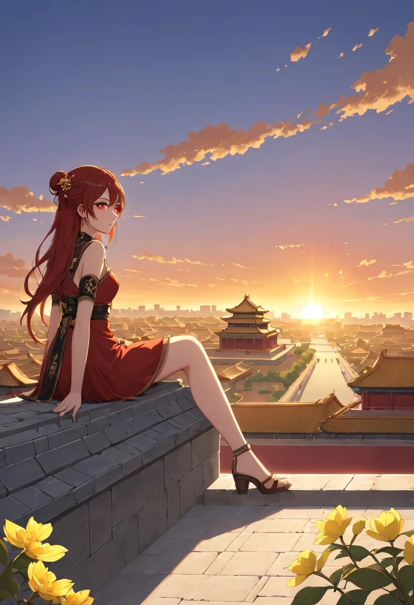 A woman with red makeup sits on the roof of the house,Gaze at the distant skyline,The sunset and the ancient capital create beautiful scenery together,the forbidden city,Sunset yellow sand,Sunset,cloud,fallen flowers,ancient city,