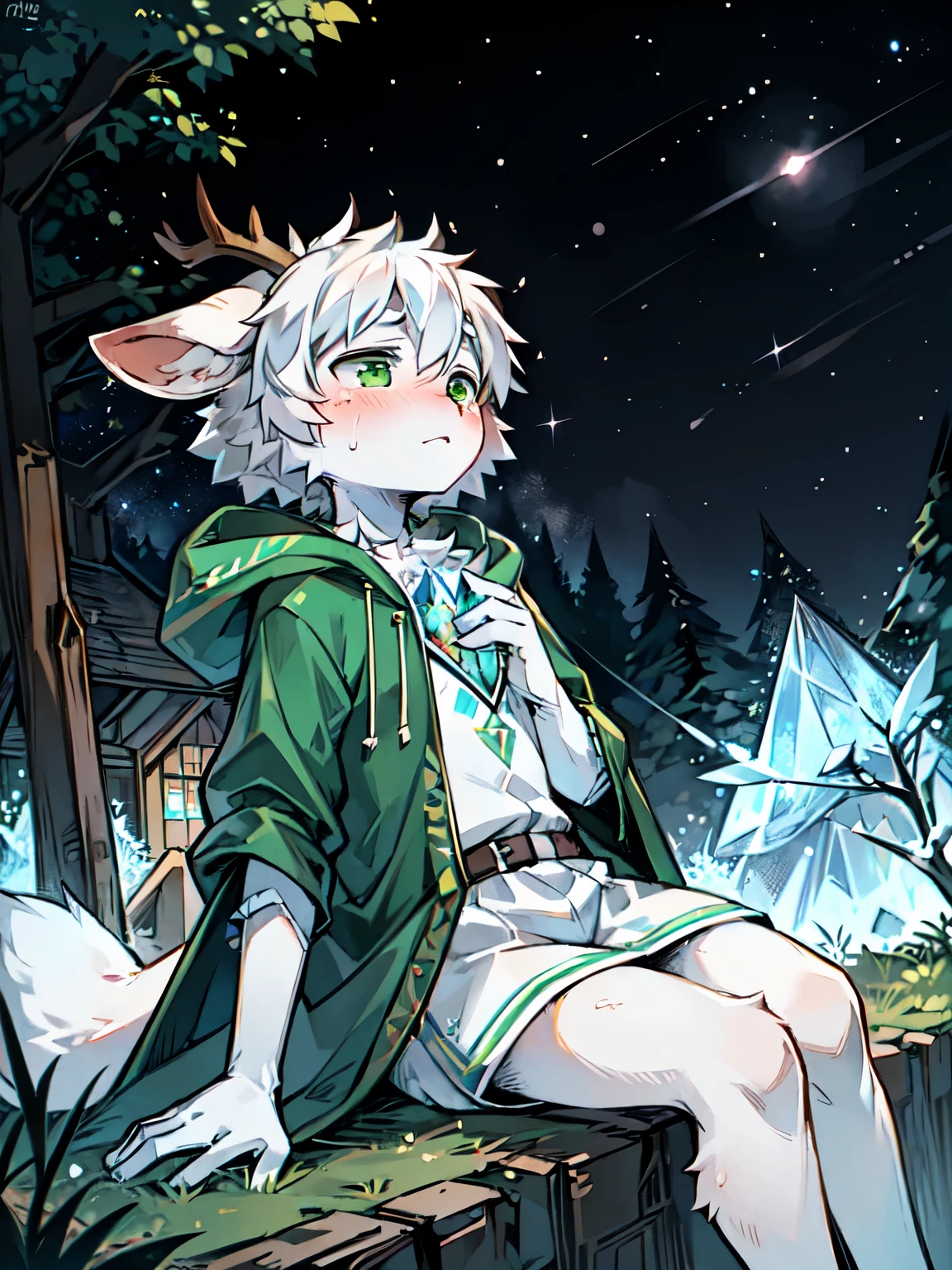 A white deer，Green eyes，Hooded jacket，antlers，sitting on a rock，hands out，starry sky，Brilliant Milky Way，Reach out and pick up the stars，Crystal pupils，Lovely Shota，sad，shed tears，向天空hands out