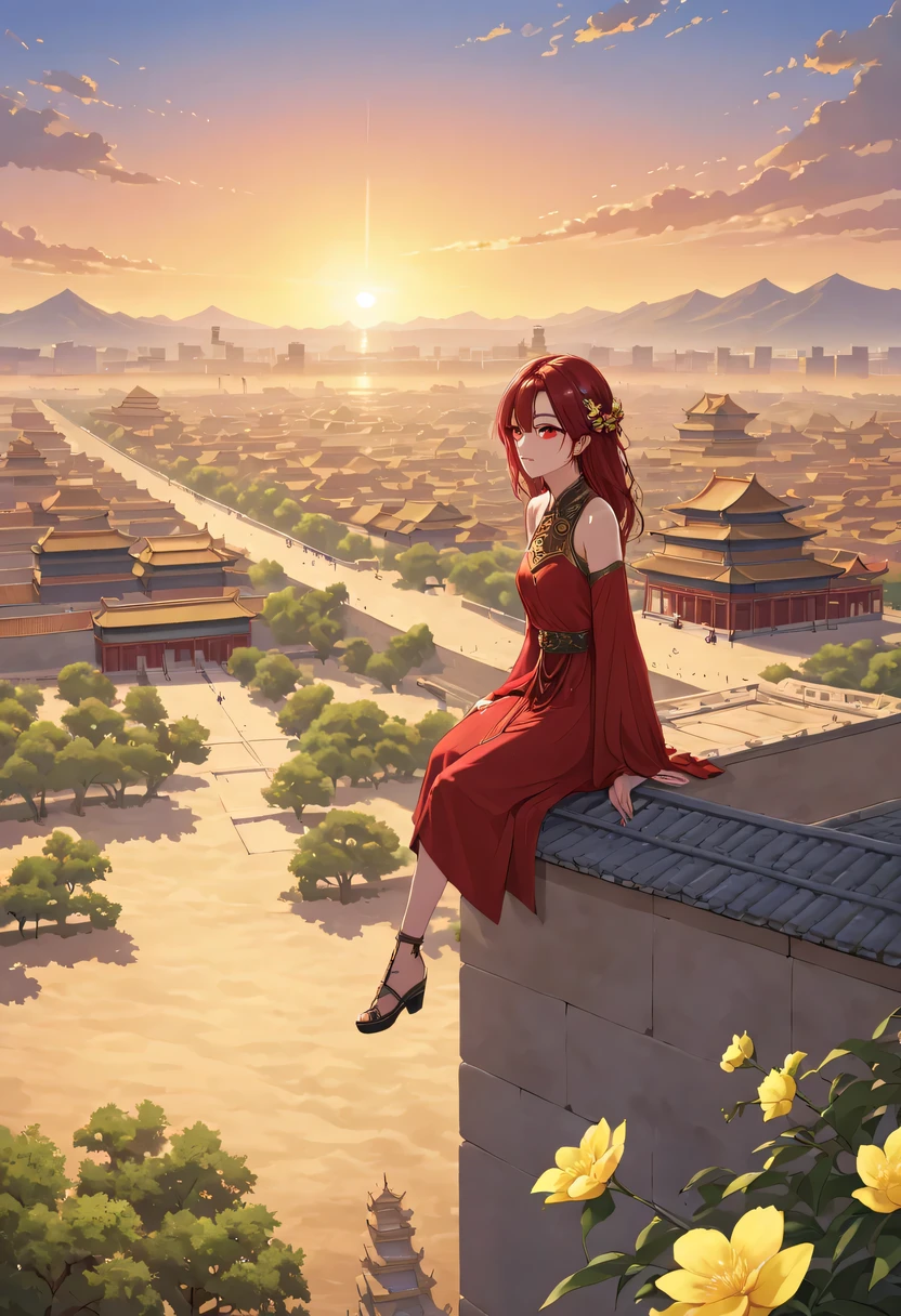 A woman with red makeup sits on the roof of the house,Gaze at the distant skyline,The sunset and the ancient capital create beautiful scenery together,the forbidden city,Sunset yellow sand,Sunset,cloud,fallen flowers,ancient city,