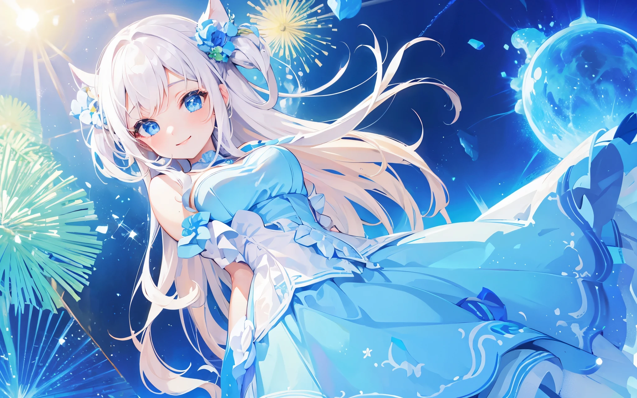 (masterpiece),(1girl),best quality,Impressed,Smile, Large Breasts,White Wedding Dresses, Standing In Front, Smile, Blue Eyes, Smooth Hair