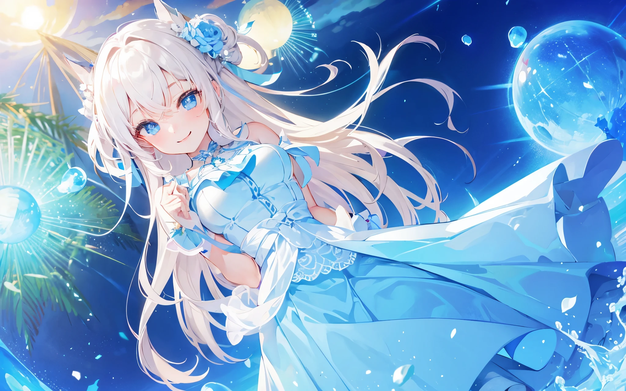(masterpiece),(1girl),best quality,Impressed,Smile, Large Breasts,White Wedding Dresses, Standing In Front, Smile, Blue Eyes, Smooth Hair
