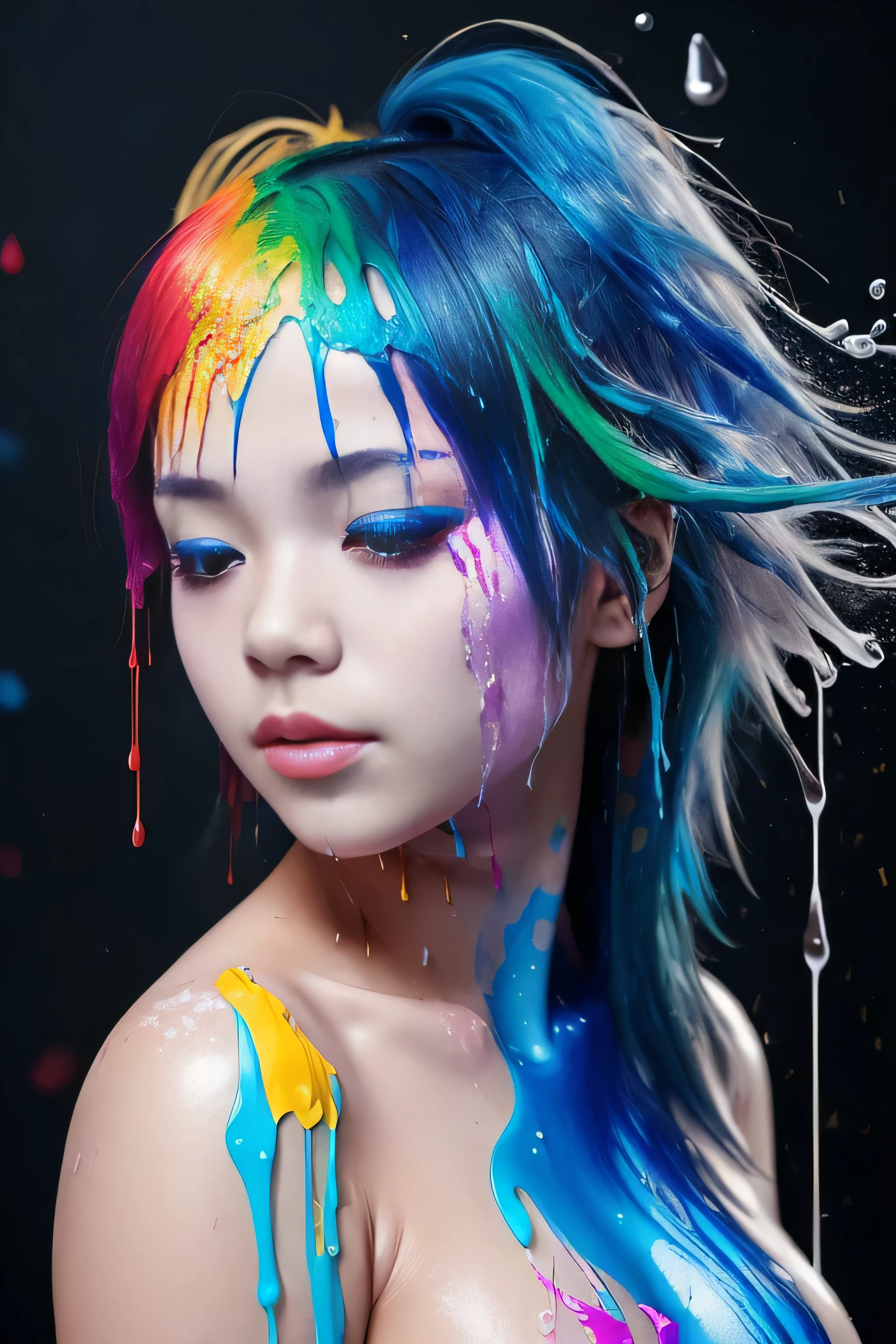 (level difference:1.8),(Paint collides and splatters on the canvas),(written boundary depth),1 girl, , Japanese, (Liquid Paint Rainbow Hair:1.1) paint、defy gravity,thick stream,(Paint splatters:1.3),liquid state,amazingly beautiful, masterpiece, detailed background,Super high quality model, amazing background,abstract beauty, (A large amount of paint drips down、cover the naked body), explosive volumetric, Oil,Heavy Stroke,romantic lighting,Scattered beneath the surface,lens 135mm,f1.8,shine,8K,High resolution, dream-like,ray tracing,HDR,god'light,