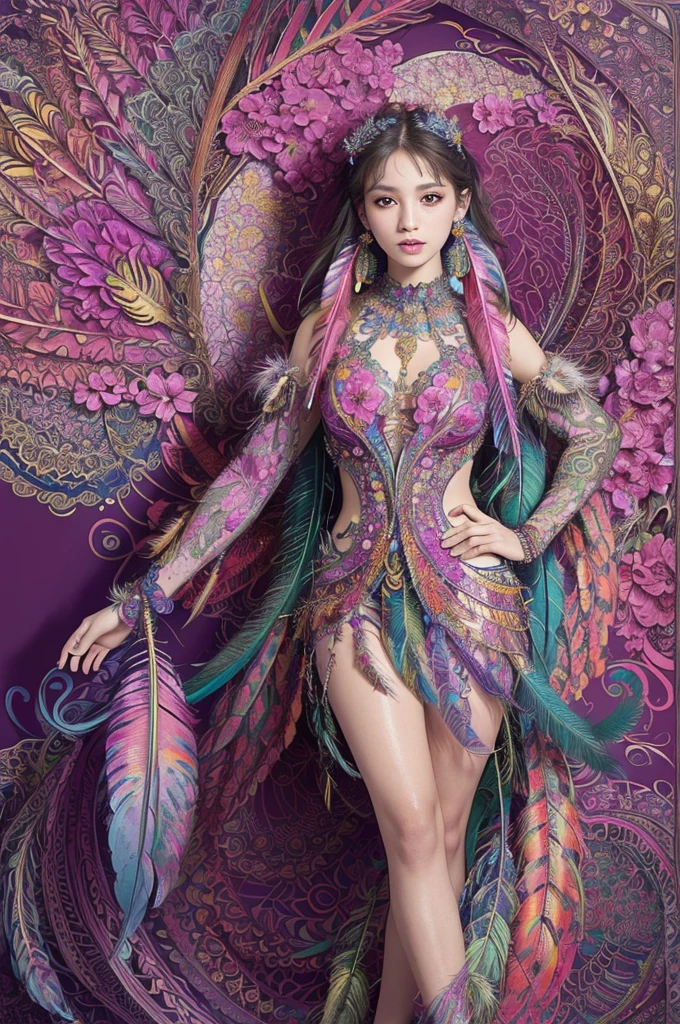 (masterpiece, top quality, best quality, official art, beautiful and aesthetic:1.2), (1girl:1.3), extremely detailed,(fractal art:1.1),(colorful:1.1)(flowers:1.3),highest detailed,(zentangle:1.2), full body, (abstract background:1.3), (shiny skin), (many colors:1.4), ,(earrings), (feathers:1.5),