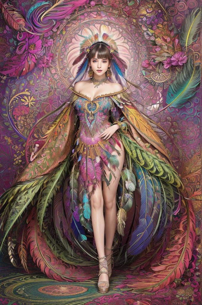 (masterpiece, top quality, best quality, official art, beautiful and aesthetic:1.2), (1girl:1.3), extremely detailed,(fractal art:1.1),(colorful:1.1)(flowers:1.3),highest detailed,(zentangle:1.2), full body, (abstract background:1.3), (shiny skin), (many colors:1.4), ,(earrings), (feathers:1.5),