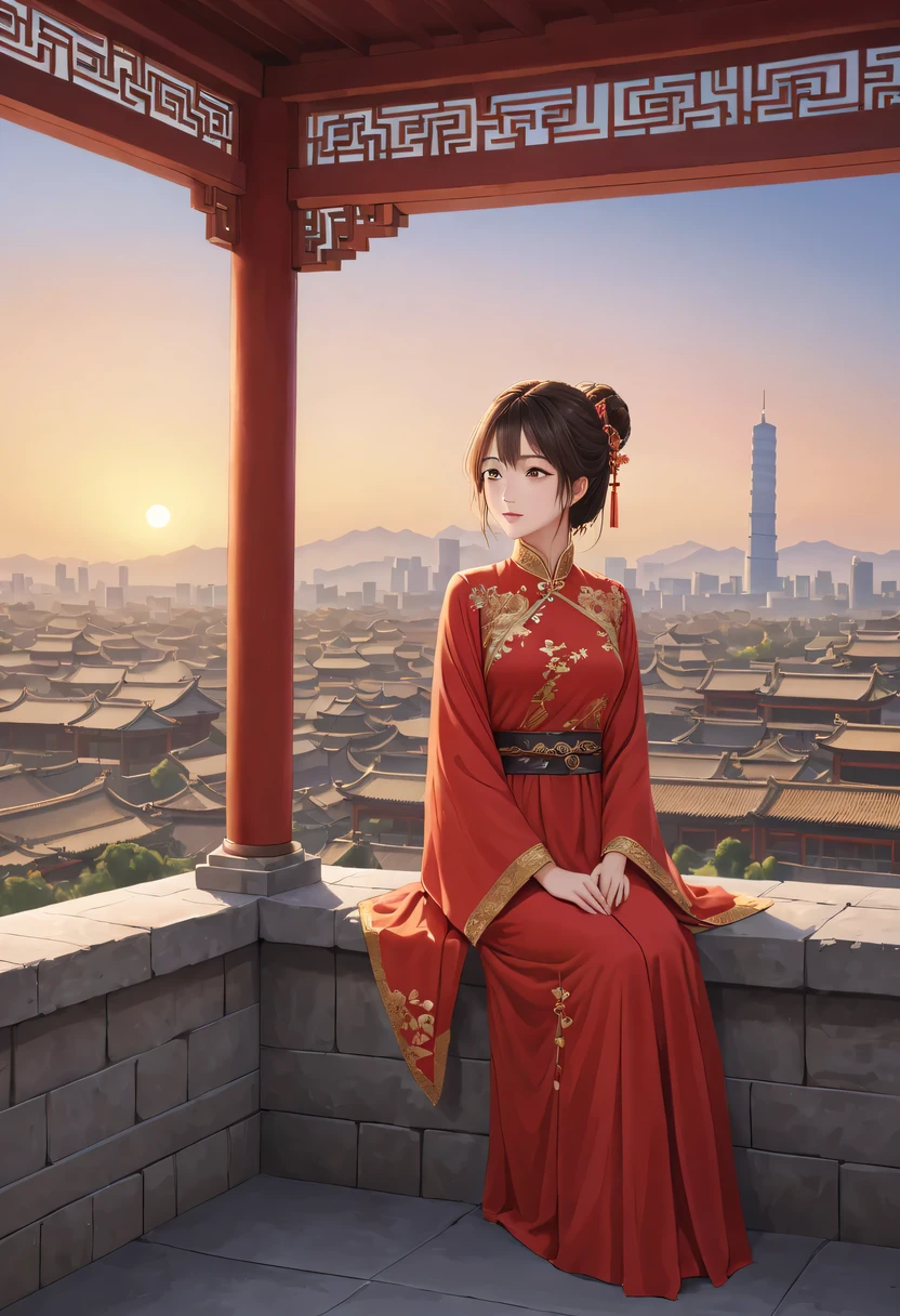 (best quality,Super detailed,actual:1.37), A girl in a traditional red dress lies on the roof, gazing towards the distant skyline where the lingering Sunset illuminates the ancient capital, Create breathtakingly beautiful landscapes. (Chinese theme, Beijing), [Traditional clothing], [Sunset], [ancient building], [serene], [majestic], [harmonious], [prime time], [peaceful], [horizon], [peaceful], [peaceful], [city View], [history], [Royalties], [elegant], [eternal], [cultural heritage]
