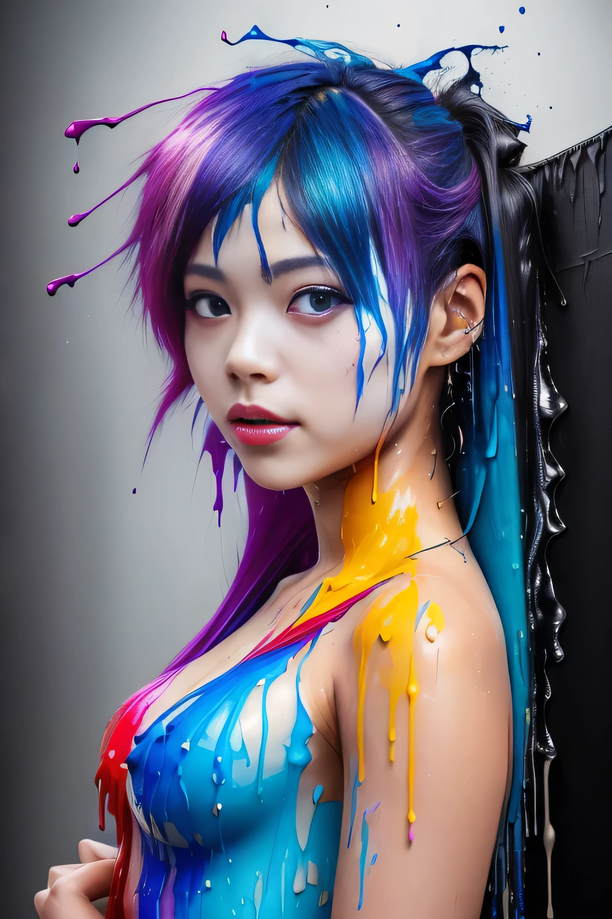 (level difference:1.8),(Paint collides and splatters on the canvas),(written boundary depth),1 girl, 15 years old, Japanese, (Liquid Paint Rainbow Hair:1.1) paint、defy gravity,thick stream,(Paint splatters:1.3),liquid state,amazingly beautiful, masterpiece, detailed background,Super high quality model, amazing background,abstract beauty, (A large amount of paint drips down、cover the naked body), explosive volumetric, Oil,Heavy Stroke,romantic lighting,Scattered beneath the surface,lens 135mm,f1.8,shine,8K,High resolution, dream-like,ray tracing,HDR,god&#39;light,