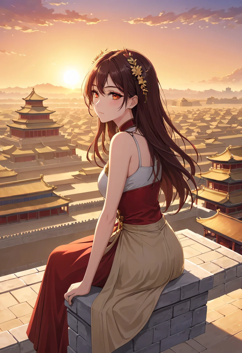 A woman with red makeup sits on the roof of the house,Gaze at the distant skyline,The sunset and the ancient capital create beautiful scenery together,the forbidden city,Sunset yellow sand,Sunset,cloud,fallen flowers,ancient city,