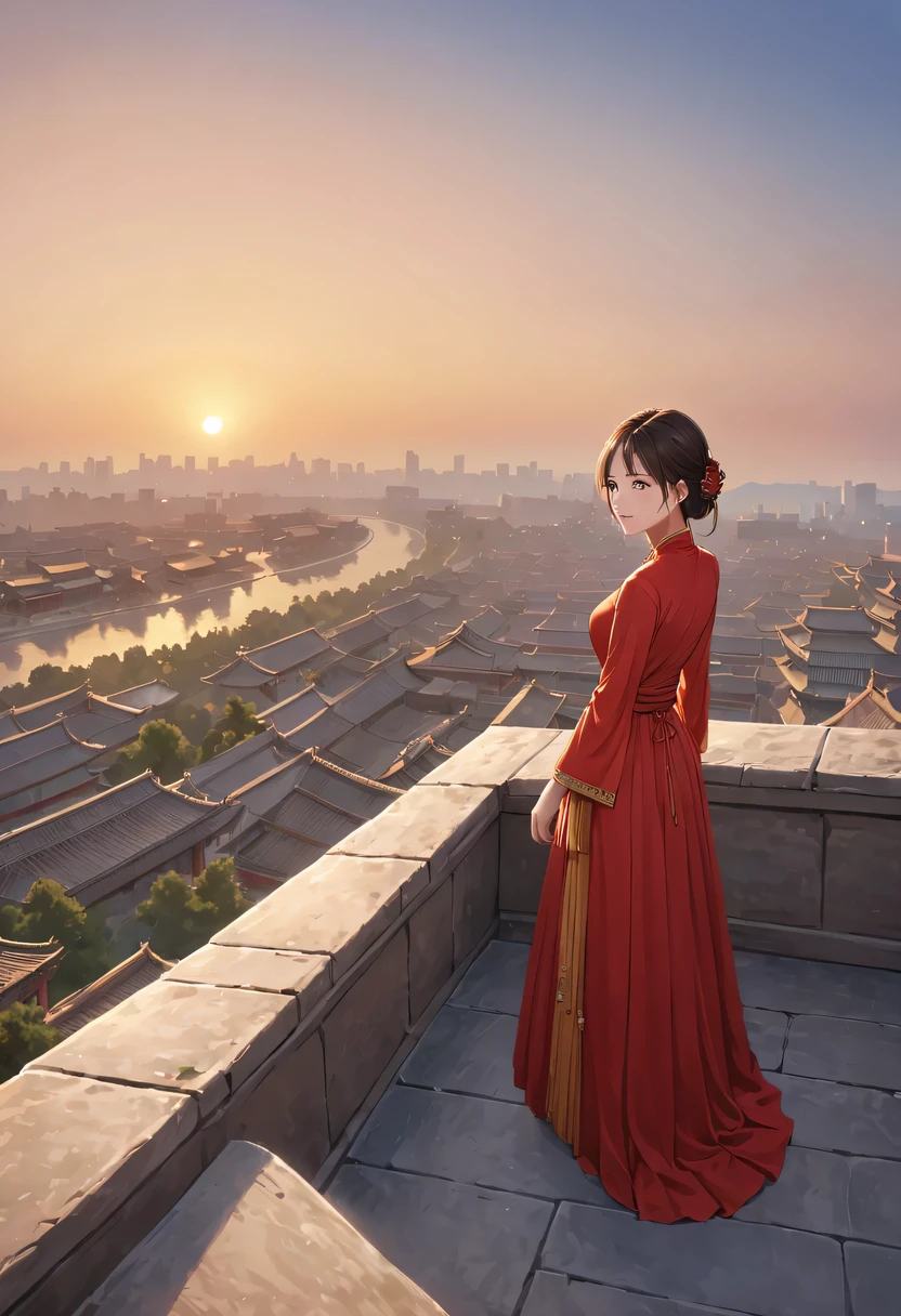 (best quality,Super detailed,actual:1.37), A girl in a traditional red dress lies on the roof, gazing towards the distant skyline where the lingering Sunset illuminates the ancient capital, Create breathtakingly beautiful landscapes. (Chinese theme, Beijing), [Traditional clothing], [Sunset], [ancient building], [serene], [majestic], [harmonious], [prime time], [peaceful], [horizon], [peaceful], [peaceful], [city View], [history], [Royalties], [elegant], [eternal], [cultural heritage]