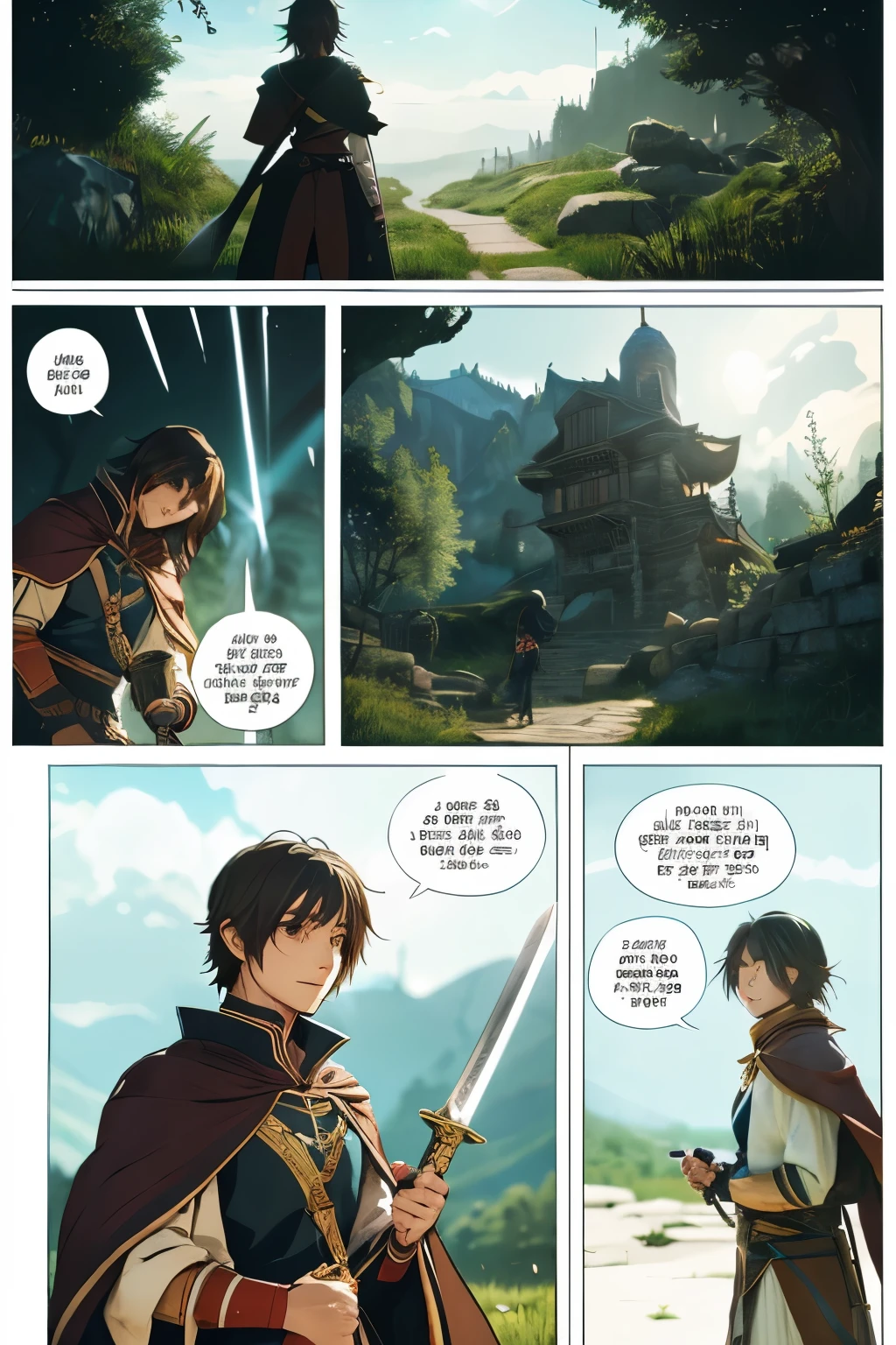 1st panel:A scene depicting the protagonist being transferred to another world is depicted.。The main character is、falling on the grassland。Around、Contains fantasy elements such as magic and swords。, main character(serif):Guaah... where is this...?, 2nd panel:The main character looks up at the sky。In the sky、a huge moon is floating。The main character is、I can't believe my eyes。, main character(serif):T、Tにあれ…?That month...?Tんで、あんTにでかいんだ…?, 3rd panel:The main character looks at his own body。The main character is、I notice that my clothes have changed。The main character is、Wearing warrior-like armor and swords。, main character(serif):T、Tにこれ…?My clothes are...?Tんで、こんT格好にTってるんだ…?, 4th panel:The main character looks at the sword he is holding.。to the sword、Mysterious characters are engraved on it。The main character is、I don't understand the meaning of the sword。, main character(serif):This is...a sword...?Sort of、There are letters written on it, but I can't read them...、What language...?, 5th panel:The main character looks around him。The main character is、confused about my situation。, main character(serif):why、I'm here...?from a computer screen、I was transported to another world...?That's impossible..., 6th panel:before the hero、a heroine appears。The heroine is、He is dressed like a white mage.、holding a magic wand。The heroine is、Talk to the main character with a smile。, heroine(serif):Hi、Hello。you、He's the savior we've been waiting for.。welcome、to this world。, 7th panel:The hero looks at the heroine、surprised。The main character is、Realizes that the heroine is a friend of the game。, main character(serif):eh、You are...the heroine...?The game's heroine...?, Eighth panel:The heroine speaks kindly to the hero.。, heroine(serif):Yes、that's right。I、I'm a player of the same game as you。Me too、I was summoned to this world。we、It's a fateful encounter。