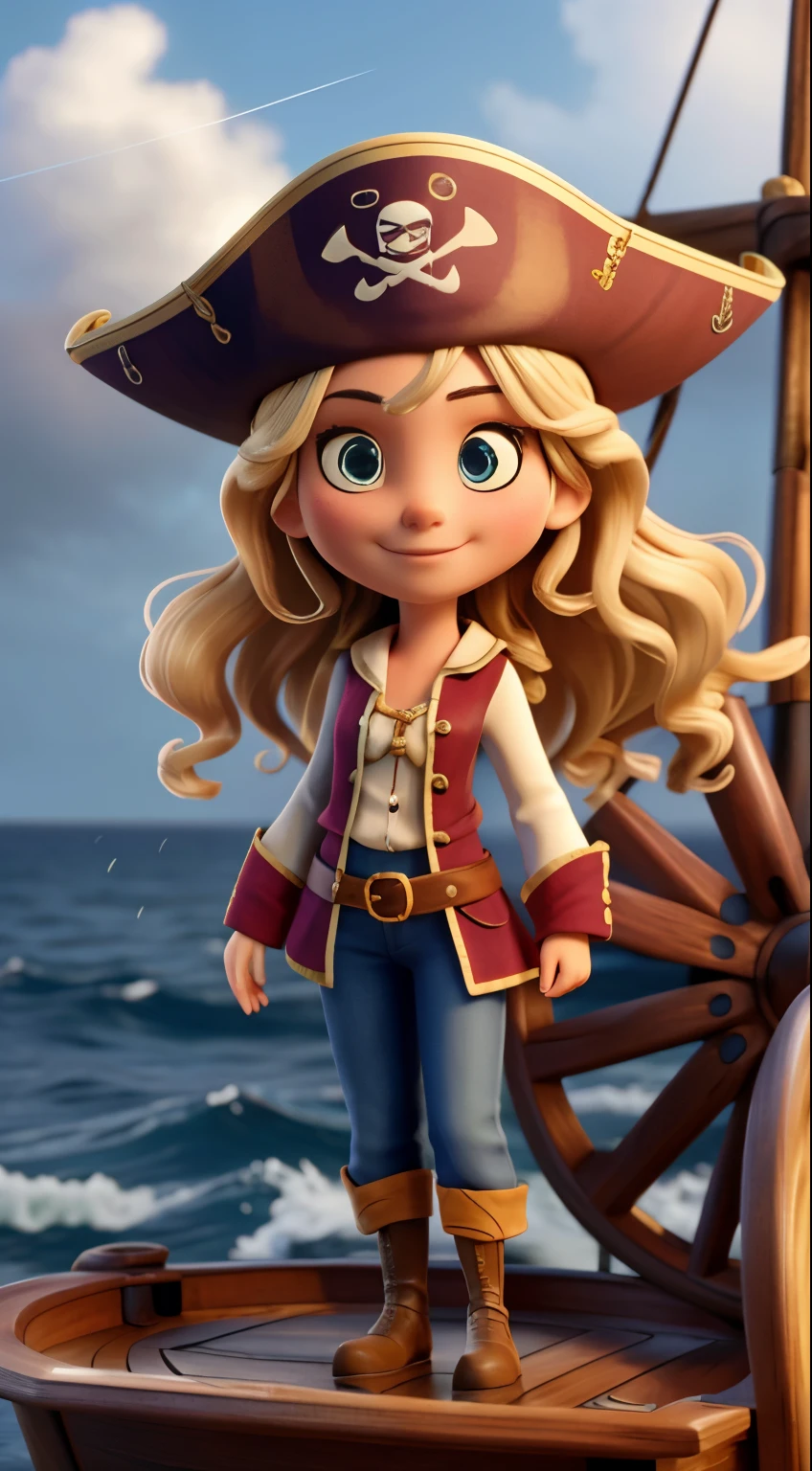 (masterpiece, best quality, award winning, highres), 1 female pirate, blonde hair, pirate hat, traditional pirate clothes, pirate hat, highly detailed beautiful face, wavy hair, detailed flowing hair, standing by the wheel on the deck , pirate ship, storm, rain, rough sea, detailed background, water splash, extremely CG detail, ultra detail