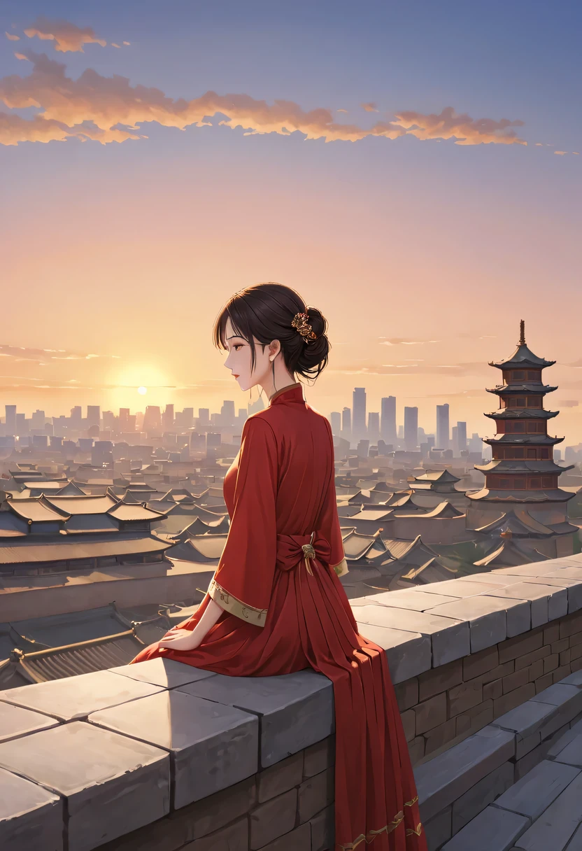 (best quality,Super detailed,actual:1.37), A girl in a traditional red dress lies on the roof, gazing towards the distant skyline where the lingering Sunset illuminates the ancient capital, Create breathtakingly beautiful landscapes. (Chinese theme, Beijing), [Traditional clothing], [Sunset], [ancient building], [serene], [majestic], [harmonious], [prime time], [peaceful], [horizon], [peaceful], [peaceful], [city View], [history], [Royalties], [elegant], [eternal], [cultural heritage]