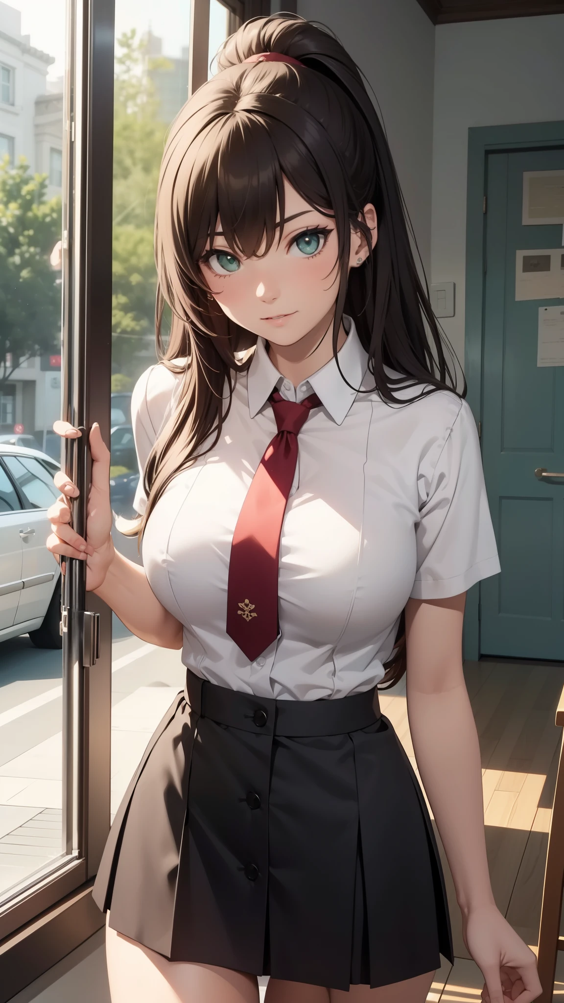 an anime in skirt and tie playing with herself by a window, 1 girl, alone, trembling, panties, underwear, boobgasm, brown hair, skirt, green eyes, tie, White shirt, camel toe, red tie