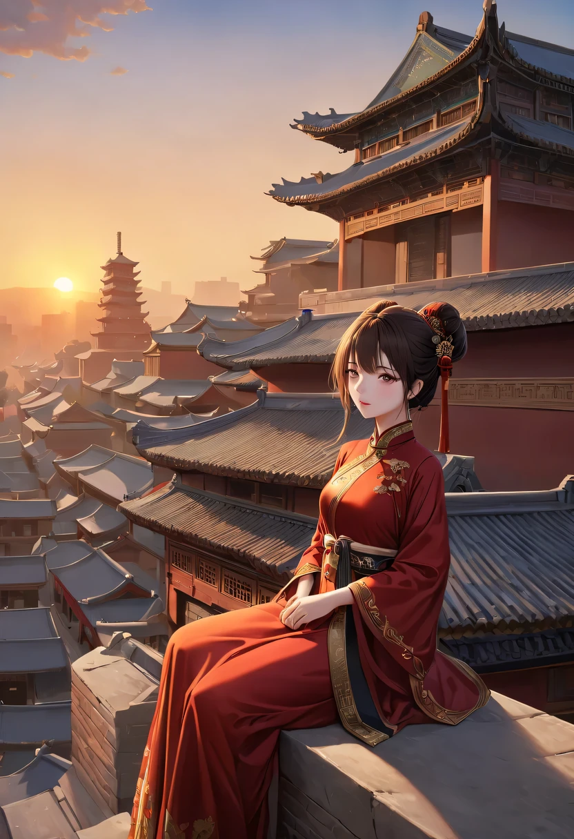 (best quality,Super detailed,actual:1.37), A girl in a traditional red dress lies on the roof, gazing towards the distant skyline where the lingering Sunset illuminates the ancient capital, Create breathtakingly beautiful landscapes. (Chinese theme, Beijing), [Traditional clothing], [Sunset], [ancient building], [serene], [majestic], [harmonious], [prime time], [peaceful], [horizon], [peaceful], [peaceful], [city View], [history], [Royalties], [elegant], [eternal], [cultural heritage]