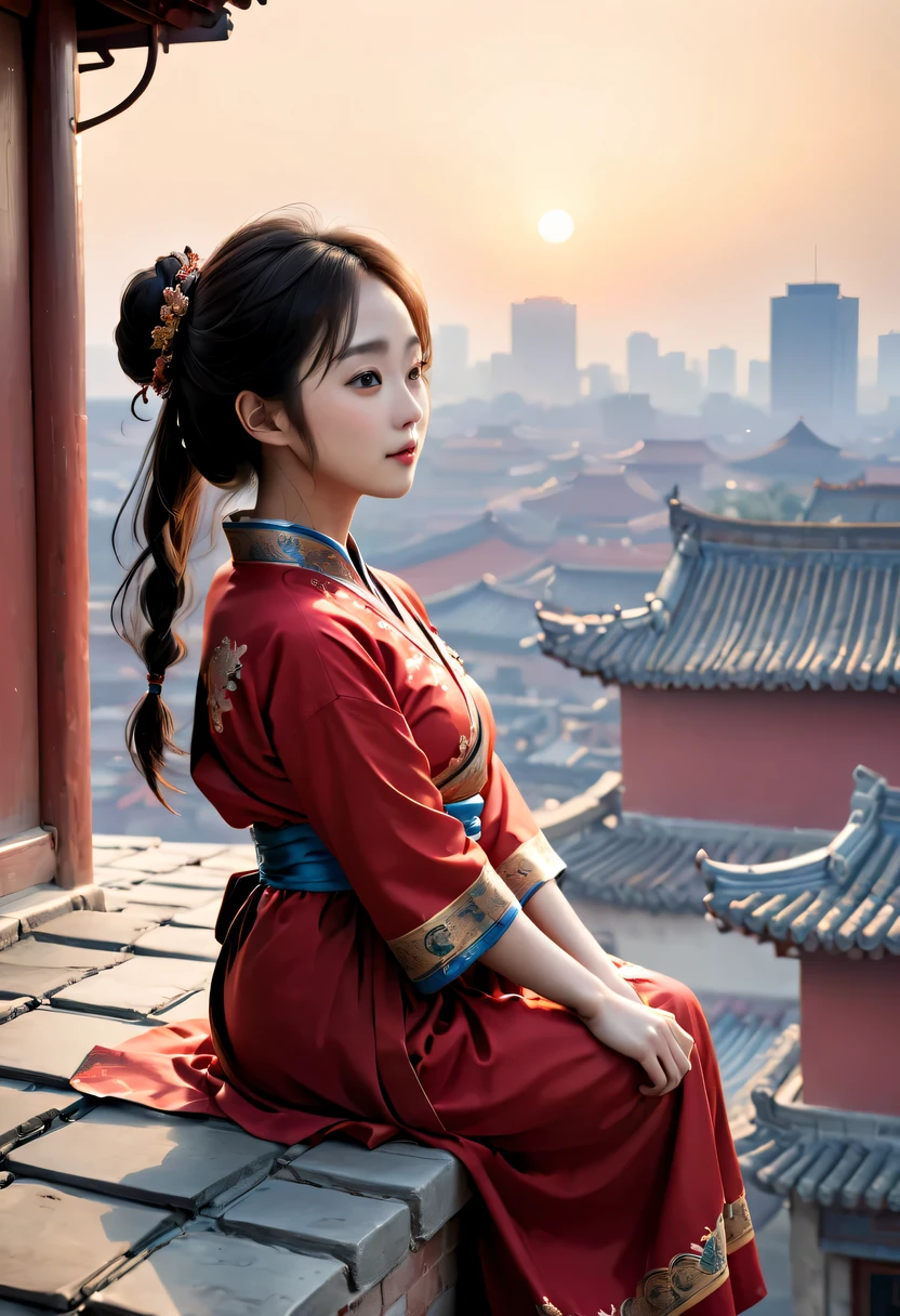 (best quality,Super detailed,actual:1.37), A girl in a traditional red dress lies on the roof, gazing towards the distant skyline where the lingering Sunset illuminates the ancient capital, Create breathtakingly beautiful landscapes. (Chinese theme, Beijing), [Traditional clothing], [Sunset], [ancient building], [serene], [majestic], [harmonious], [prime time], [peaceful], [horizon], [peaceful], [peaceful], [city View], [history], [Royalties], [elegant], [eternal], [cultural heritage]