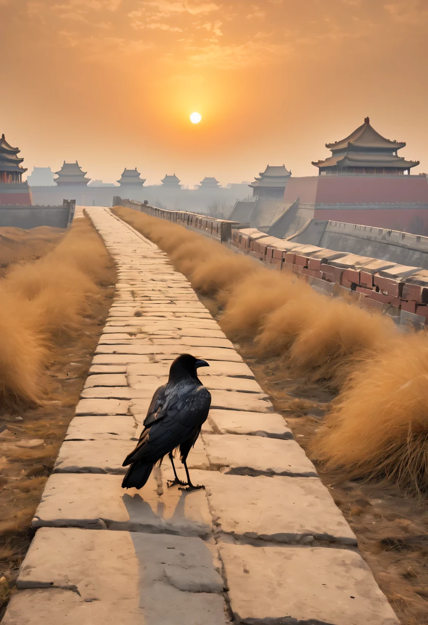 dead crow,Ancient road westerly wind,Looking into the distance,sunset in ancient capital,well worn,The city wall is mottled,wild grass fire,Silent and desolate,the forbidden city