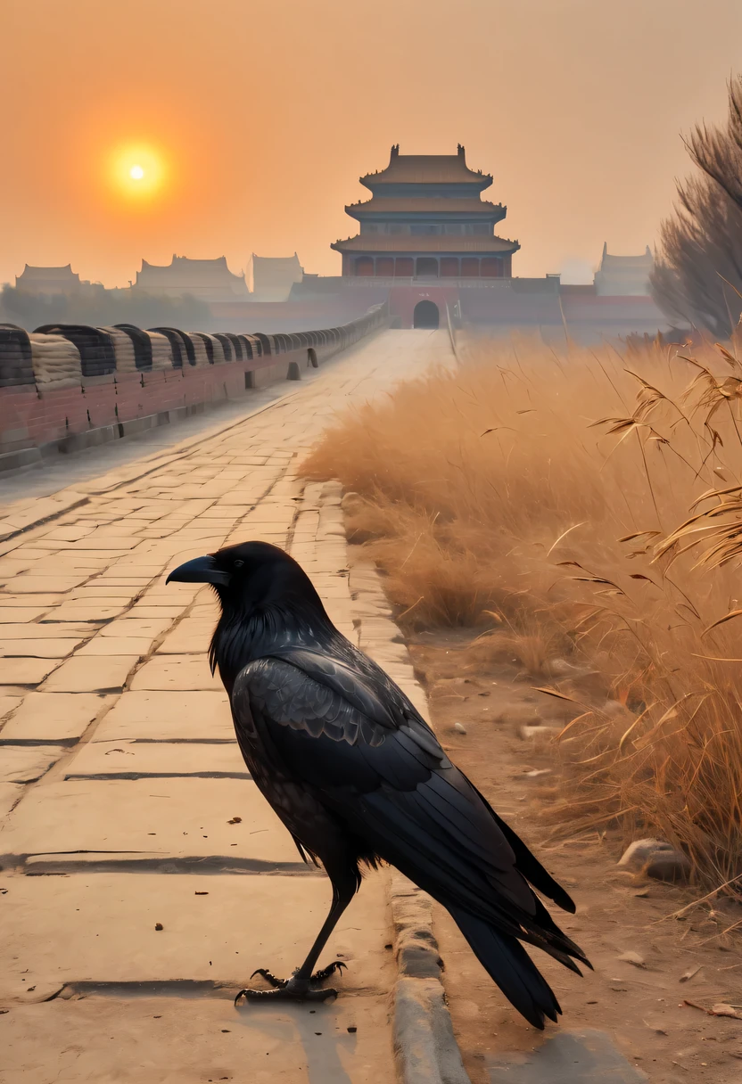dead crow,Ancient road westerly wind,Looking into the distance,sunset in ancient capital,well worn,The city wall is mottled,wild grass fire,Silent and desolate,the forbidden city