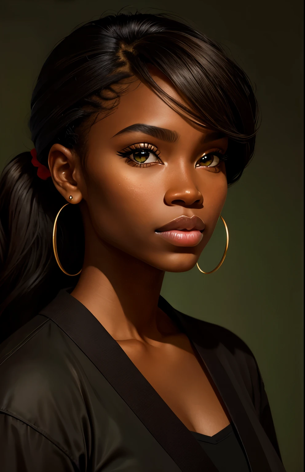 Protrait, [ebony girl], photograph, androgynous hunnuman, oval jaw, delicate features, beautiful face, honey hair, 
big cheeks, long bangs, long ponytail, bright honey-green eyes, lds art
