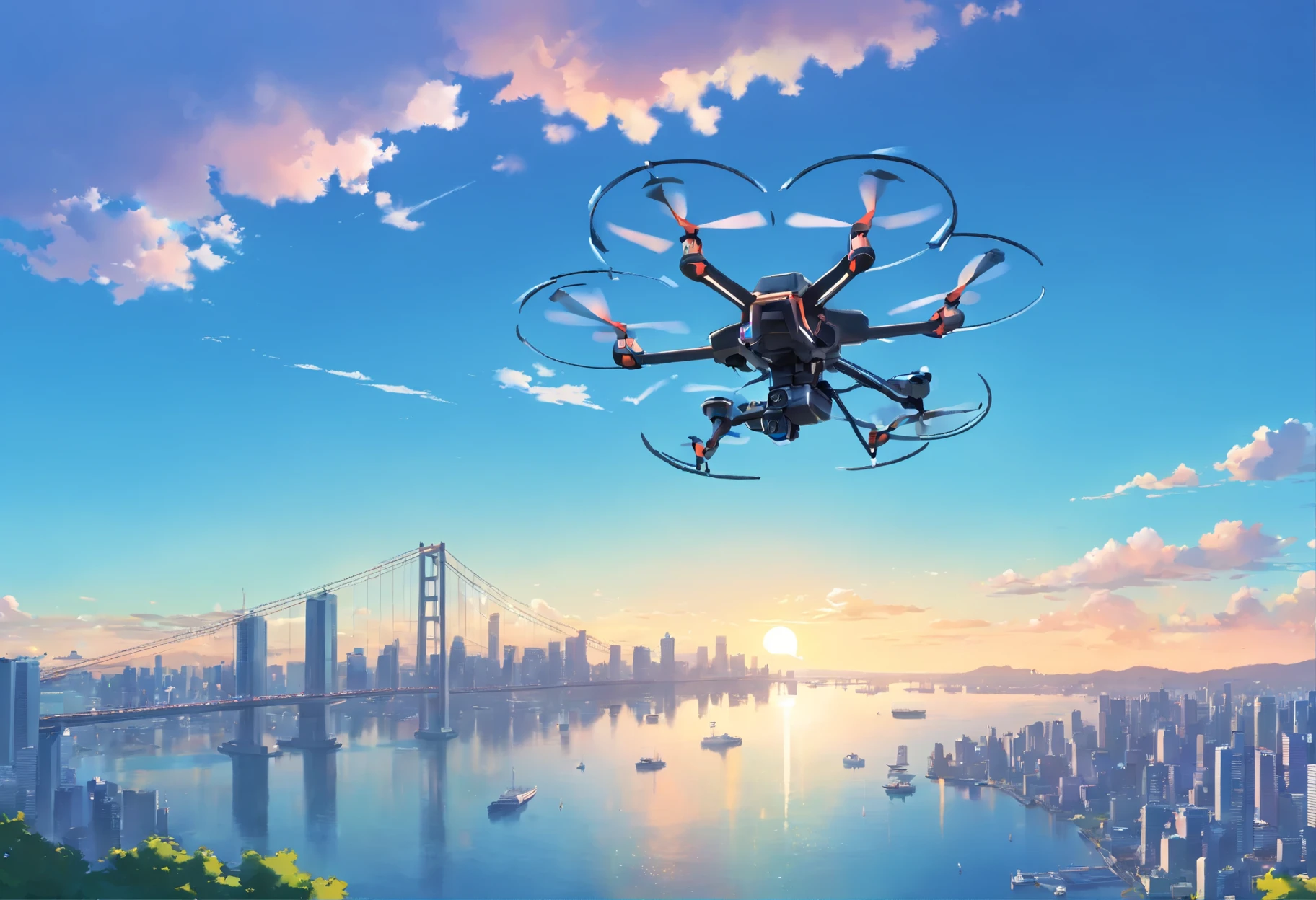 (A single, symmetrical hexacopter drone is flying on the right side of the screen: 1.5), (Overlooking Tokyo Bay, the Bay Bridge and the ocean, unique perspective from land to seaside: 1.3), there are no skyscrapers, a lush forest, a construction site, (parks and grounds are scattered, flying low, the ocean and blue sky occupy more than half of the screen: 1.4), sunny, dynamic graphics, no people