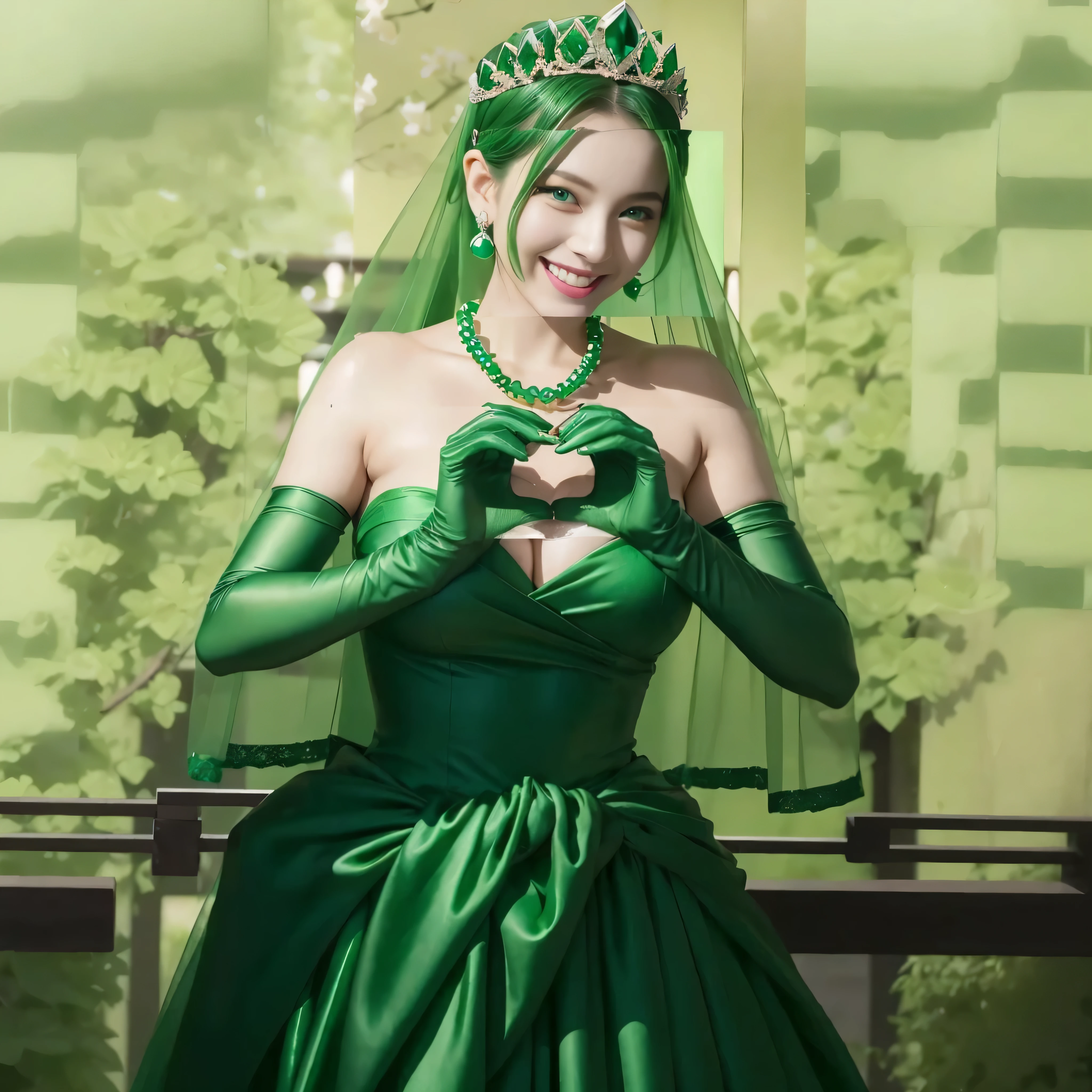 highest quality、masterpiece、(realistic:1.2), emerald tiara, green pearl necklace, ボーイッシュな非常に短いgreen hair, lipstick, smiling woman, very short hair, Beauty with large breasts, green eyes, Long Green Satin Gloves, green eyes, emerald earrings, green veil, heart with both hands, green hair, Beautiful woman, heart shaped hand:1.3