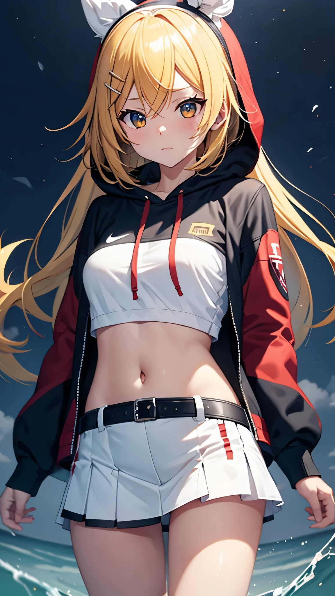 Kagamine rin , 1 girl , wearing a red hooded sweater , white miniskirt with gold horizontal lines , viendo al espectador , bragas visibles , rostro seductor ,(imagen de ultra alta calidad 8k ) obra maestra ( high-definition picture ) , maximum image resolution , ( detalles de la imagen bien definidos )