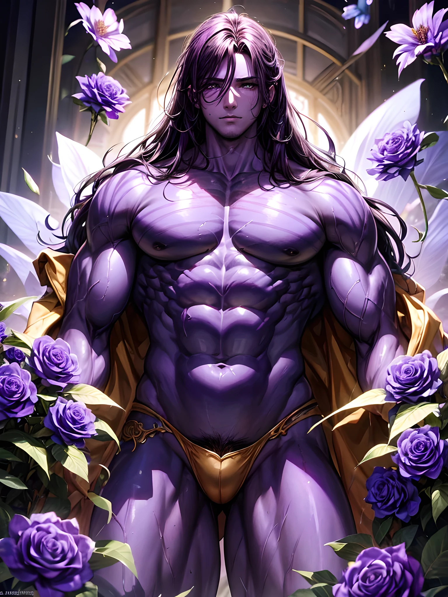 ((intricate design)) Top quality, 16K, High Definition, Unity 16K wallpaper, high res, ultra sharp, masterpiece, ((masterpiece)), best quality, expressive eyes, perfect face, Super eyes, masterpiece, ray tracing, (((1male))), (((fully purple skin))) (((bodybuilder))) male humanoid, humanoid flower, humanoid blooming out of a large rose flower, flower bed, flower garden, in a greenhouse, big man , thighs (((cinematic lighting))) (((Purple Skin!))), (((purple long hair!))) (((purple skin tone!))) (((purple skin complexion))) sexy robes, god rays, fruity, zesty personality, pink eyes, bloom, handsome humanoid male, sexy humanoid male, humanoid male bodybuilder attractive, spreading his pheromones, flower clothing, plants, pot plants, blooming, god rays, blooming out of a plant, bulge, wet body, sweaty, sweaty body, oily body, oily, black veins, Glimmer,