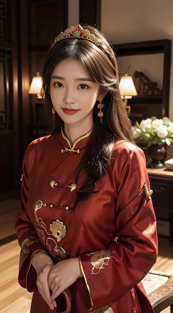 A beautyful girl，Coiled hair，((Beautiful red Chinese Xiuhe dress))，fine embroidery，(Beautiful and beautiful crown headdress)，A pair of shiny earrings hang from the ears，Sweet smiling，His face flushed，ssmile，Flowers in hand