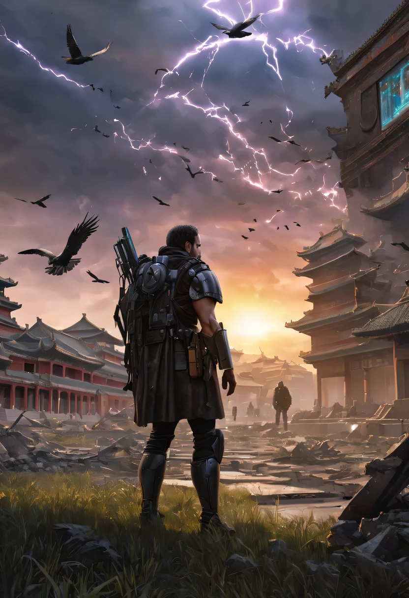 (best quality,4K,8k,high resolution,masterpiece:1.2), Super detailed, (actual,photoactual,photo-actual:1.37), future warrior, Bare tree, Old crow, West Wind Ancient Road, stare into the distance, sunset in ancient capital, well worn, mottled city wall, Overgrowth and wildfires, quiet and desolate, the forbidden city, Purple tone, Faded sunlight, Flashing shadows, birds flying at dusk, desolation and tranquility, Heroic and powerful, cold metal armor, glowing energy weapon, post apocalyptic background, future technology, neon lights, towering skyscrapers, floating hologram, Dystopian atmosphere, Last hope, Determination and resilience, The expression is solemn, fierce battle scenes, swirling dust and debris, ruins and wreckage, contrast between light and dark, Dramatic perspective, epic and monumental, vast and vast landscape, gloomy color scheme, Cinema-level lighting effects, Billions of years of history, Fusion of past and future.