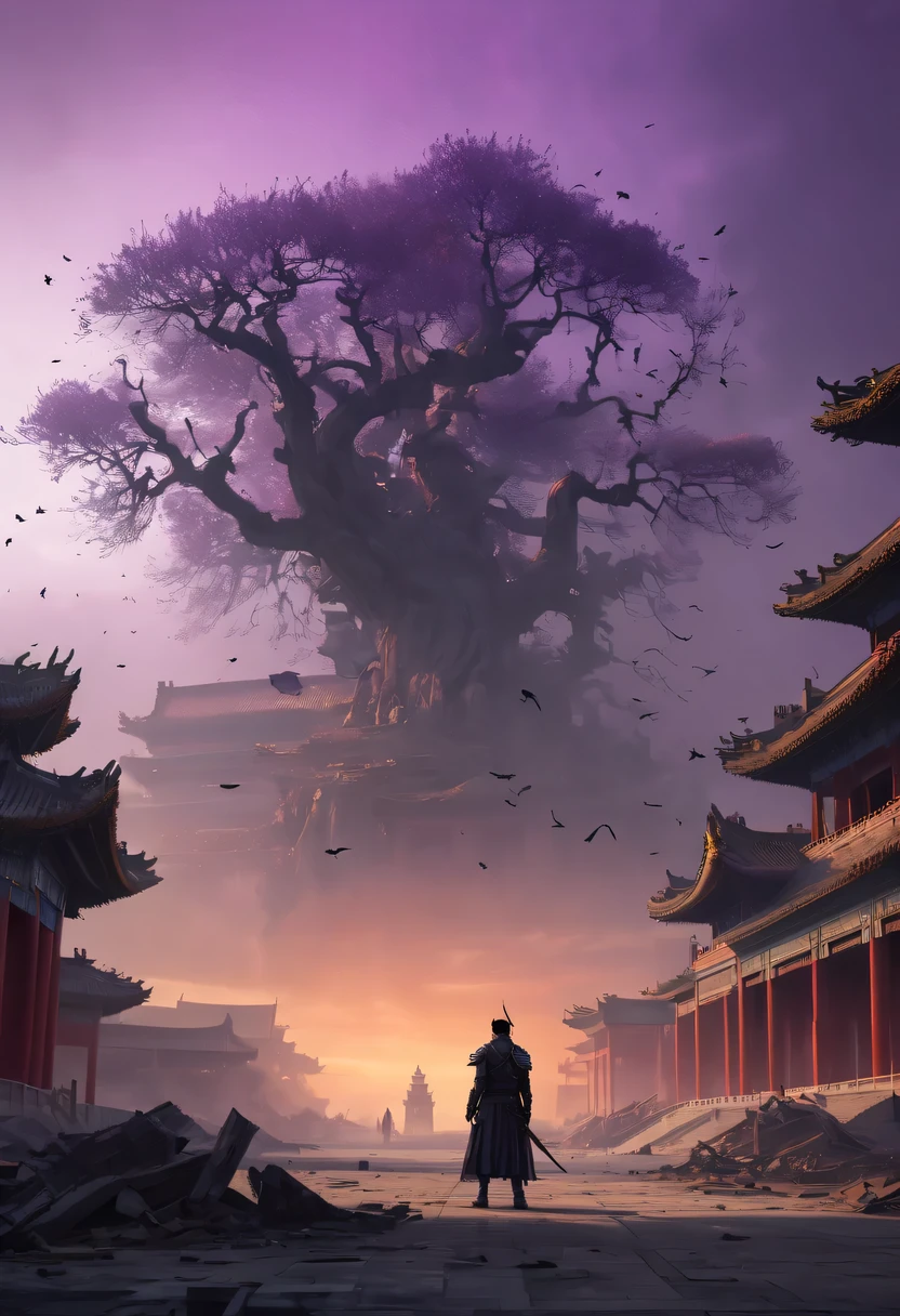 (best quality,4K,8k,high resolution,masterpiece:1.2), Super detailed, (actual,photoactual,photo-actual:1.37), future warrior, Bare tree, Old crow, West Wind Ancient Road, stare into the distance, sunset in ancient capital, well worn, mottled city wall, Overgrowth and wildfires, quiet and desolate, the forbidden city, Purple tone, Faded sunlight, Flashing shadows, birds flying at dusk, desolation and tranquility, Heroic and powerful, cold metal armor, glowing energy weapon, post apocalyptic background, future technology, neon lights, towering skyscrapers, floating hologram, Dystopian atmosphere, Last hope, Determination and resilience, The expression is solemn, fierce battle scenes, swirling dust and debris, ruins and wreckage, contrast between light and dark, Dramatic perspective, epic and monumental, vast and vast landscape, gloomy color scheme, Cinema-level lighting effects, Billions of years of history, Fusion of past and future.