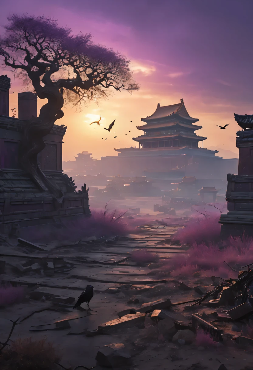 (best quality,4K,8k,high resolution,masterpiece:1.2), Super detailed, (actual,photoactual,photo-actual:1.37), future warrior, Bare tree, Old crow, West Wind Ancient Road, stare into the distance, sunset in ancient capital, well worn, mottled city wall, Overgrowth and wildfires, quiet and desolate, the forbidden city, Purple tone, Faded sunlight, Flashing shadows, birds flying at dusk, desolation and tranquility, Heroic and powerful, cold metal armor, glowing energy weapon, post apocalyptic background, future technology, neon lights, towering skyscrapers, floating hologram, Dystopian atmosphere, Last hope, Determination and resilience, The expression is solemn, fierce battle scenes, swirling dust and debris, ruins and wreckage, contrast between light and dark, Dramatic perspective, epic and monumental, vast and vast landscape, gloomy color scheme, Cinema-level lighting effects, Billions of years of history, Fusion of past and future.
