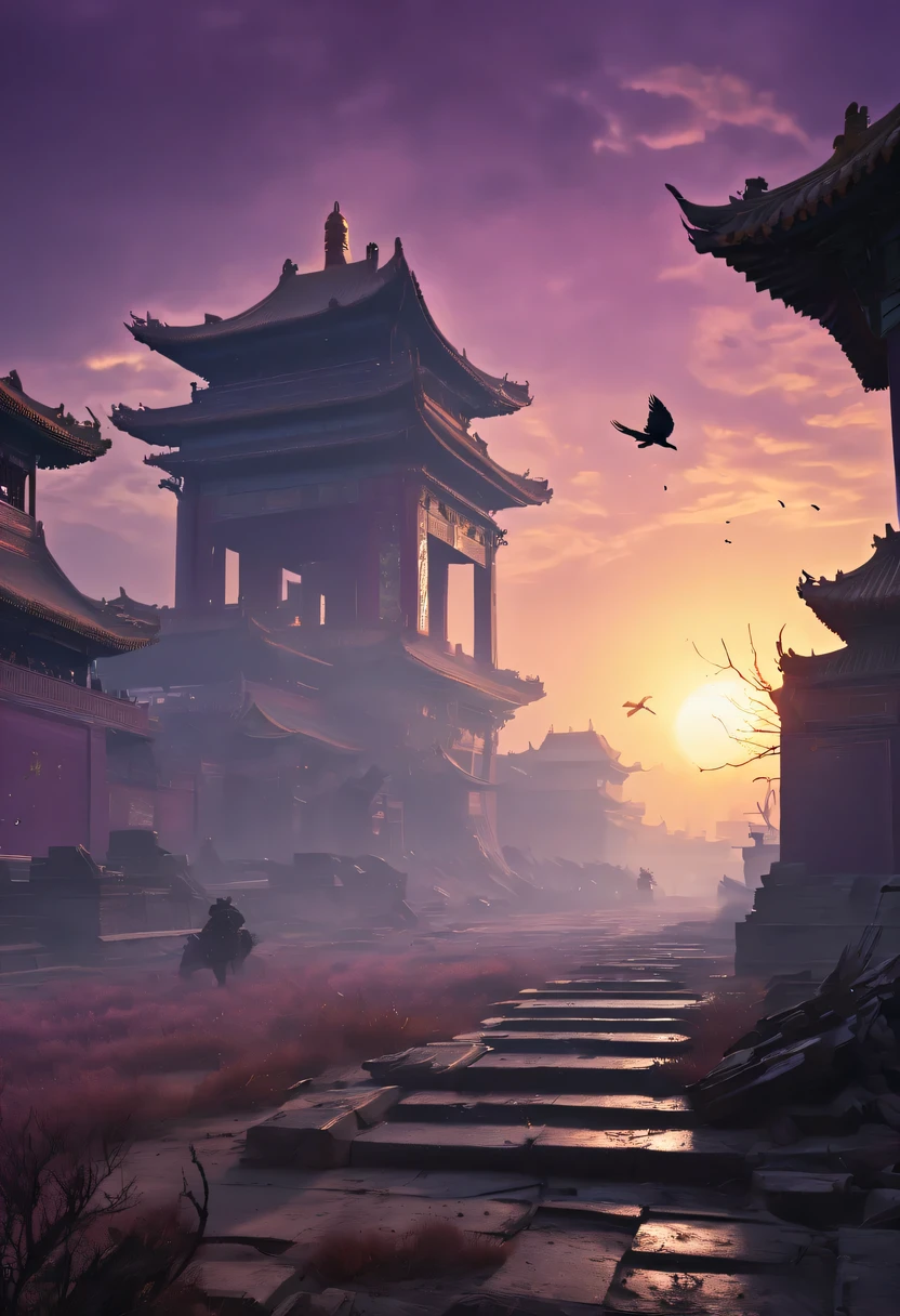 (best quality,4K,8k,high resolution,masterpiece:1.2), Super detailed, (actual,photoactual,photo-actual:1.37), future warrior, Bare tree, Old crow, West Wind Ancient Road, stare into the distance, sunset in ancient capital, well worn, mottled city wall, Overgrowth and wildfires, quiet and desolate, the forbidden city, Purple tone, Faded sunlight, Flashing shadows, birds flying at dusk, desolation and tranquility, Heroic and powerful, cold metal armor, glowing energy weapon, post apocalyptic background, future technology, neon lights, towering skyscrapers, floating hologram, Dystopian atmosphere, Last hope, Determination and resilience, The expression is solemn, fierce battle scenes, swirling dust and debris, ruins and wreckage, contrast between light and dark, Dramatic perspective, epic and monumental, vast and vast landscape, gloomy color scheme, Cinema-level lighting effects, Billions of years of history, Fusion of past and future.