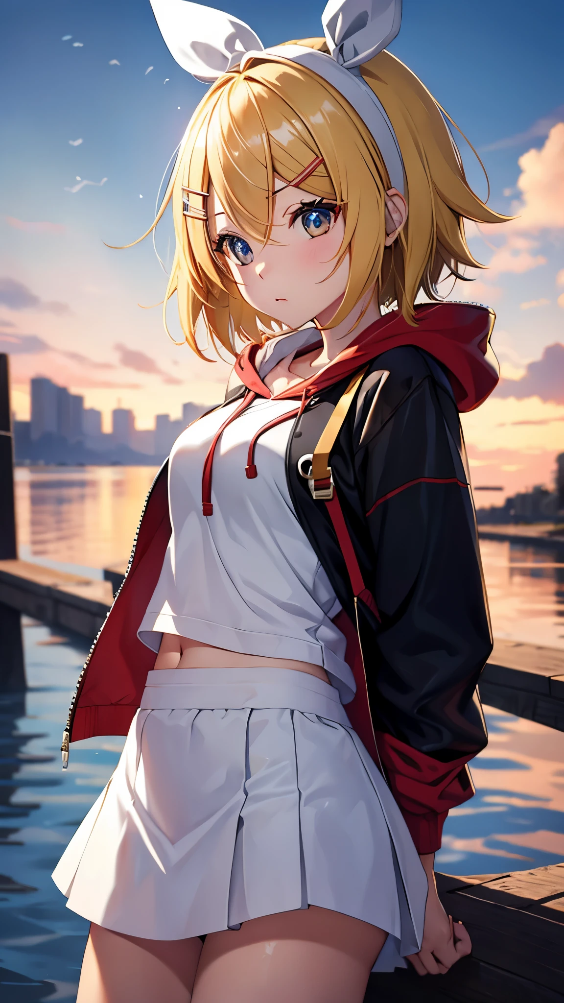 Kagamine rin , 1 girl , wearing a red hooded sweater , white miniskirt with gold horizontal lines , viendo al espectador , bragas visibles , rostro seductor ,(imagen de ultra alta calidad 8k ) obra maestra ( high-definition picture ) , maximum image resolution , ( detalles de la imagen bien definidos )