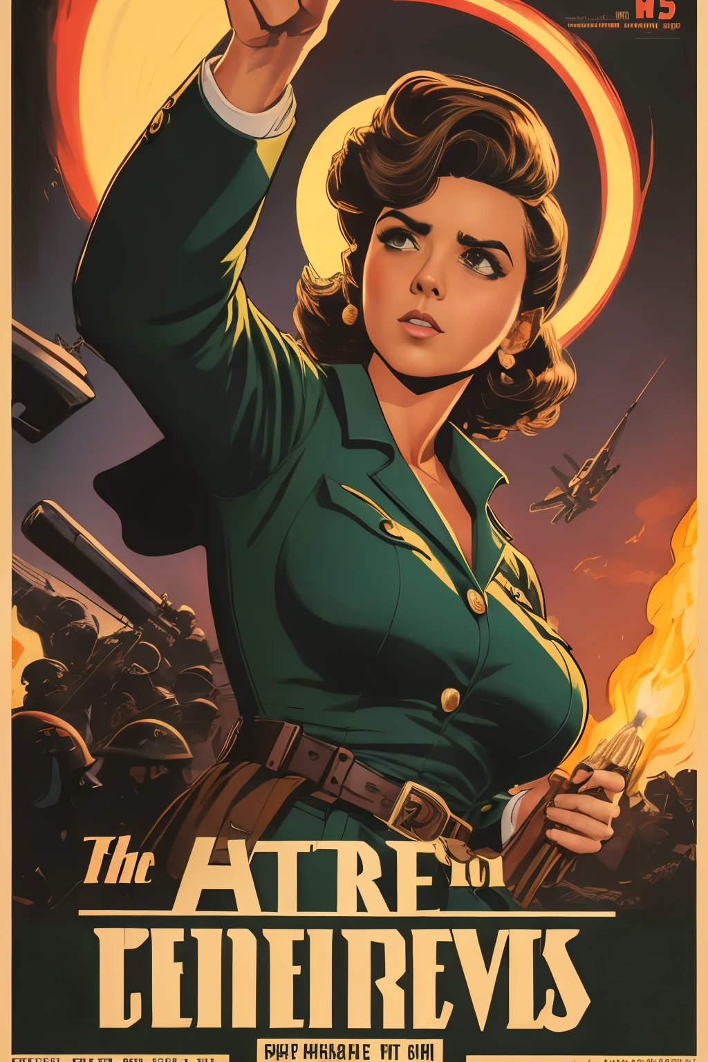 Arte Inspirada John Buscema, World War II poster, vemos uma enfermeira (1mulher)segurando uma pasta, uniforme hospitalar perfeito, short hair up to the shoulders, cor negro, olhos verdes claros, seios pequenos, corpo delgado, imponente em uma tenda hospitalar no Fronte, Cannon fire, A scene showing seriousness and conviction,peitos grandes,de baixo pra cima