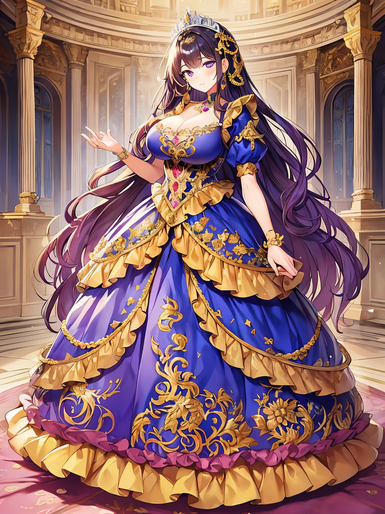 anime artstyle,Masterpiece,Best Quality,Super Detail,((Very Delicate and Beautiful)),(((1 plump princess in beautiful embroidery and jeweled gorgeous rococo ballgown with voluminous hoop skirt))),((Solo)),Standing,elegant pose,((full body)),(((very gigantic breasts,very gigantic breasts,sagging breasts,skindentation))),cleavage,detailed face and eyes,jewel-like eyes,((extremely voluminous straight Hair,Extremely Long Straight Hair)),((gorgeousfull embroidery and lace,beautiful embroidery and jeweled)),Gorgeous Gemstone Jewelry,gorgeous corsage,gorgeous hair ornament,((glitter jeweled gorgeous tiara)),((full body)),((beautiful embroidery and jeweled gorgeous rococo ballgown with voluminous hoop skirt)),(crinoline),((Standing in palace of versailles)),Looking at viewer,(((beautiful embroidery and jeweled gorgeous rococo ballgown with voluminous hoop skirt))),full body,