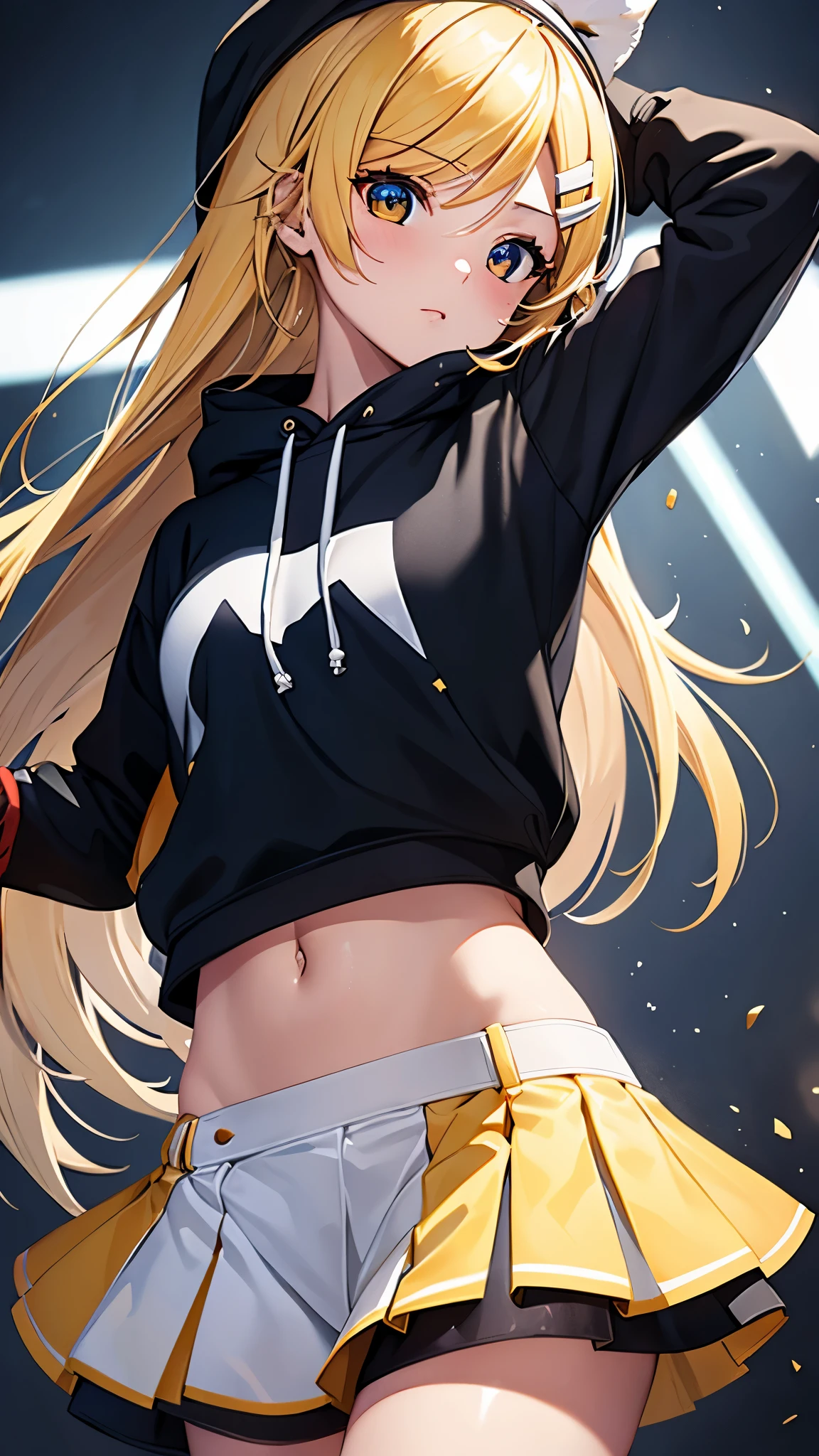 Kagamine rin , 1 girl , wearing a red hooded sweater , white miniskirt with gold horizontal lines , viendo al espectador , bragas visibles , rostro seductor ,(imagen de ultra alta calidad 8k ) obra maestra ( high-definition picture ) , maximum image resolution , ( detalles de la imagen bien definidos )