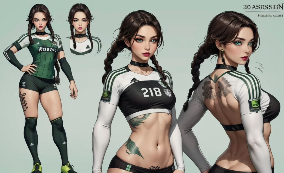 The concept character sheet of a strong, attractive, and hot soccer woman, soccer style, wearing black and white jersey. Her face is oval, forehead is smooth and visibly rounded at the temples. jawline is softly defined, giving her a gentle and feminine appearance, full body, Full of details, frontal body view, back body view, Highly detailed, Depth, Many parts, ((Masterpiece, Highest quality)), 8k, Detailed face, scars, serious expression. Infographic drawing. Multiple sexy poses. tattoos,3d, (braids green), (light green eyes), choker