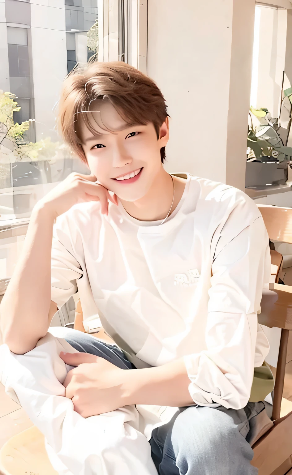 young arab man sitting on a chair in a room with windows, Kim Do-young, jung jaehyun, charming sly smile, Shin Jin Young, Kim Tae Joon, Shin Jung-ho, portrait a 1 5 - year - old boy, with short hair, that'With a cute Korean face, cute young man, Cai Xukun, young adorable korean face, hyung tae