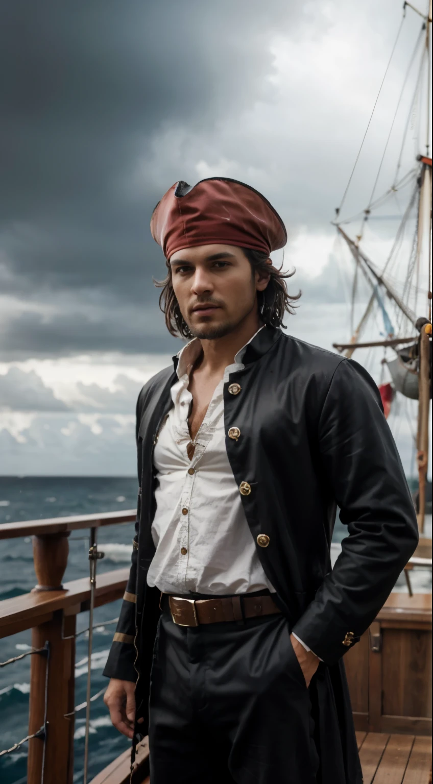 (masterpiece, best quality, award winning, highres), 1 male irate, dark hair, pirate hat, traditional pirate clothes, pirate hat, highly detailed beautiful face, standing by the wheel on the deck , pirate ship, storm, rain, rough sea, detailed background, water splash, extremely CG detail, ultra detail