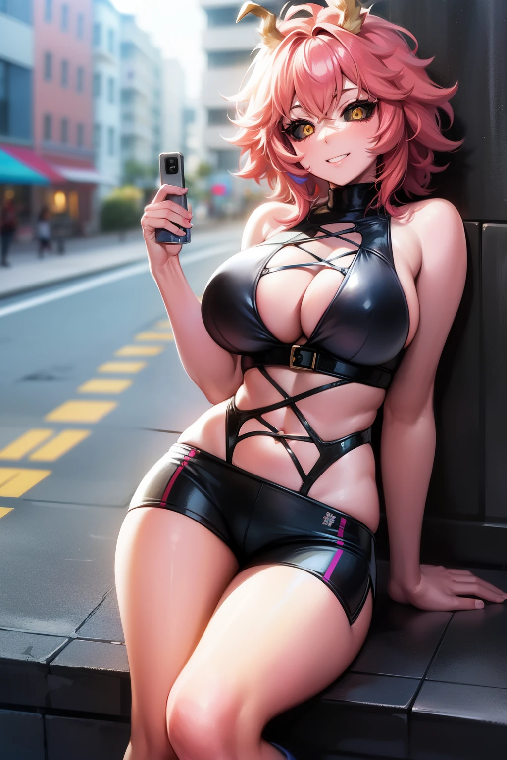Solo, Ashido Mina, piel rosada, ojos amarillos, black sclera, cuernos, cabello rosado, Logotipo de la camiseta, falda plisada, Diafragma, botas hasta el muslo, Sonrisa, undulation, mirando al espectador, al aire libre, calle, big breasts