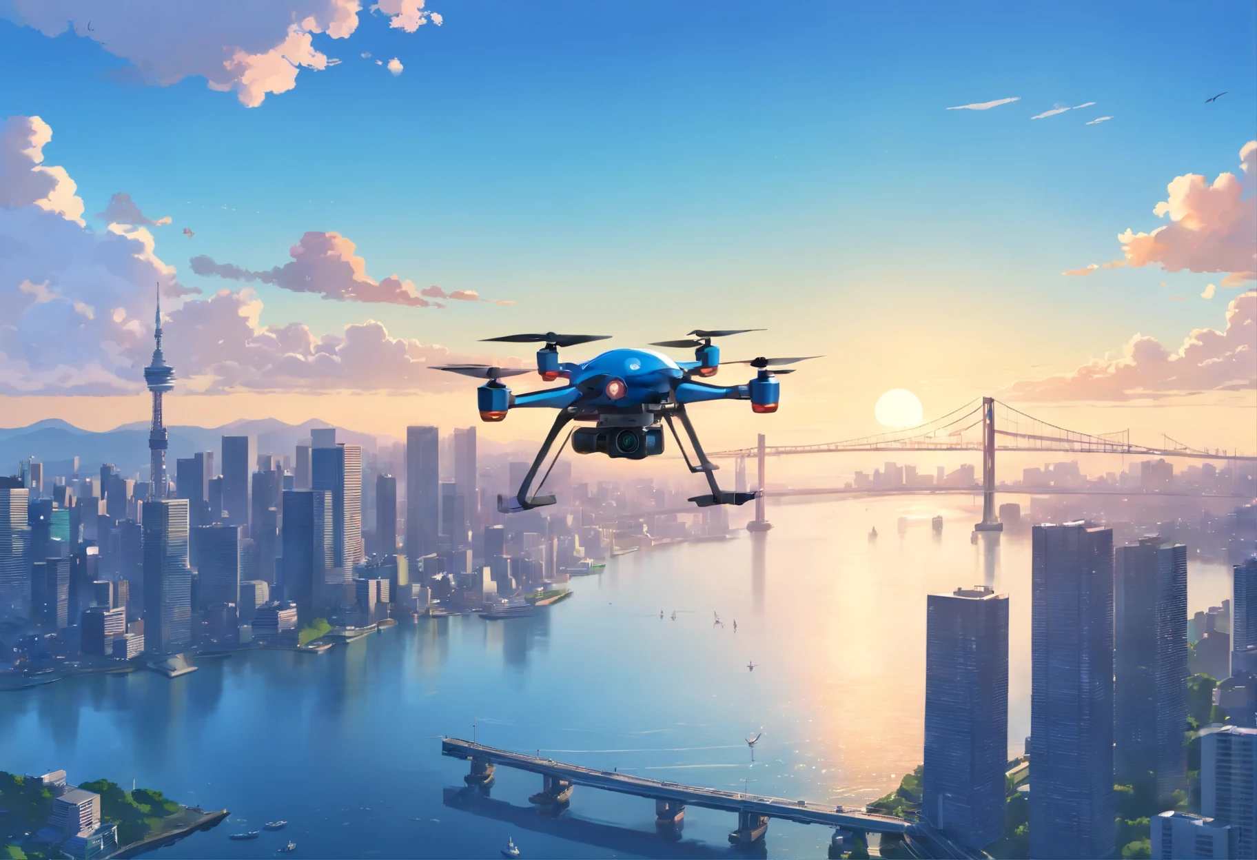 (A single, symmetrical hexacopter drone is flying on the right side of the screen: 1.5), (Overlooking Tokyo Bay, the Bay Bridge and the ocean, unique perspective from land to seaside: 1.3), there are no skyscrapers, a lush forest, a construction site, (parks and grounds are scattered, flying low, the ocean and blue sky occupy more than half of the screen: 1.5), sunny, dynamic graphics, no people