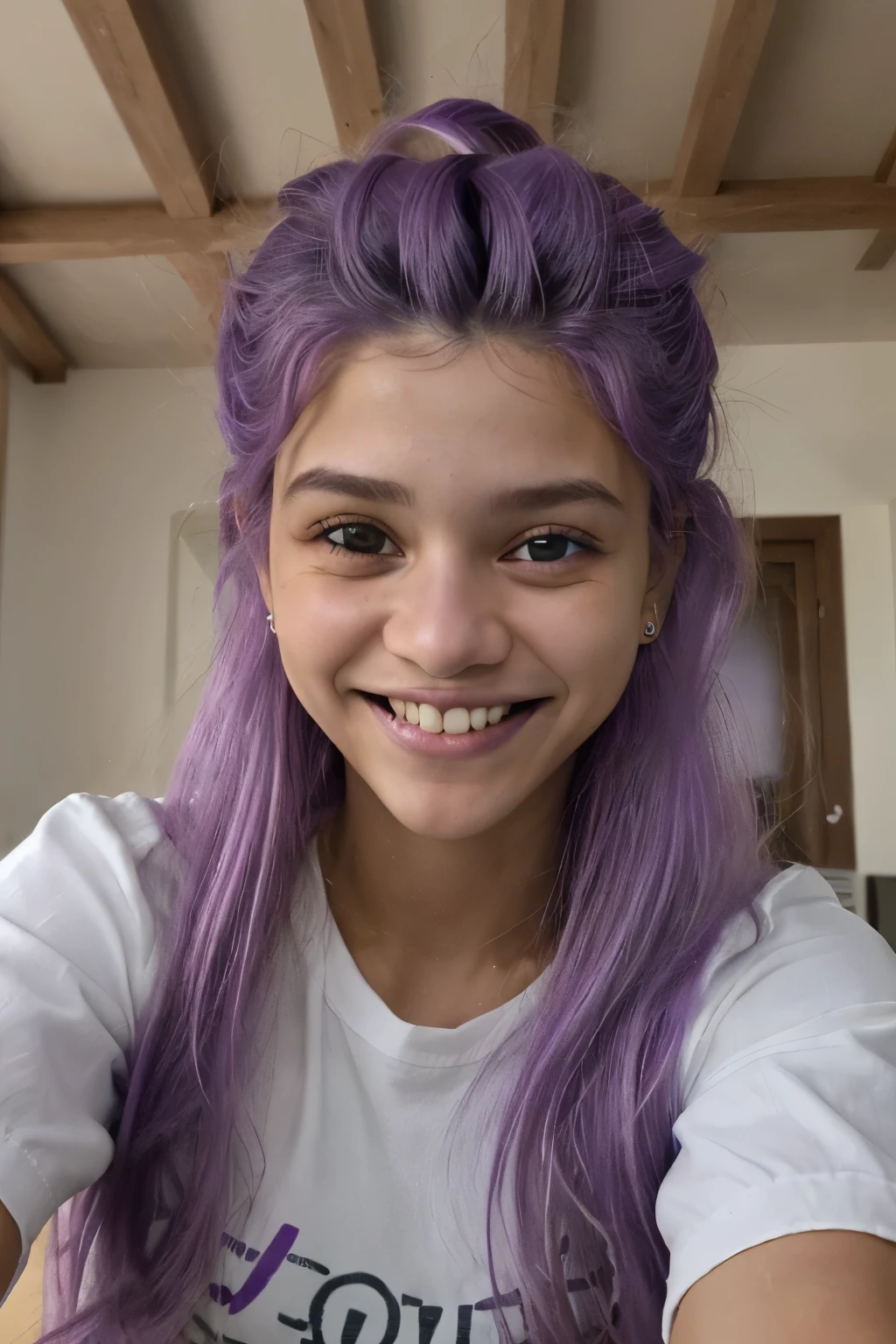 best quality, alta qualidade, uma bonito, sozinho, Cabelo roxo bonito, lindos olhos roxos, Sorriso leve,
