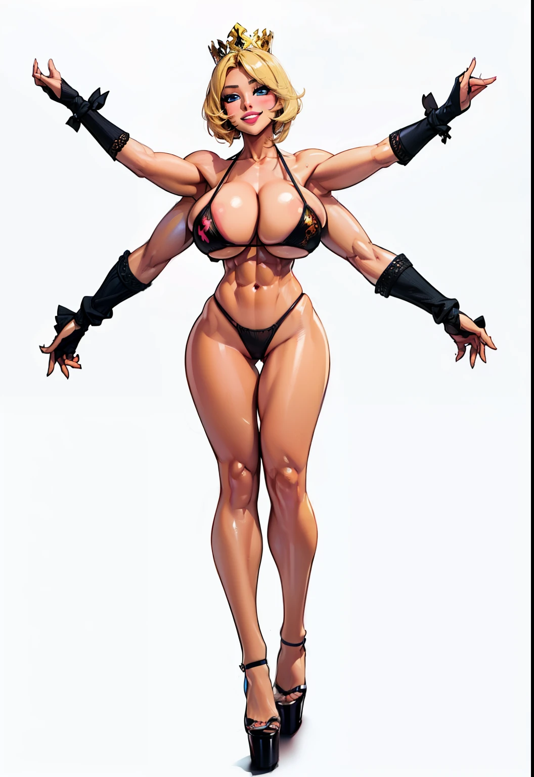 blush, smile, glowing aura, natural light, masterpiece, glossy skin, juicy lips , sexy, hot, cleavage, evil,juicy lips, bimbo, ((4 arms)), multiple arms, hour glass figure, light blonde hair, really short hair, (slendered abs:1.4), wide eyes, blue eyes, (gigantic breasts:1.3), golden crown, dark lighting, (black heels), off the shoulder leotard, sling bikini, ((intricate bikini:1.2)), ((tan skin :1.3)), multiple arms, perfect hands, golden gauntlets