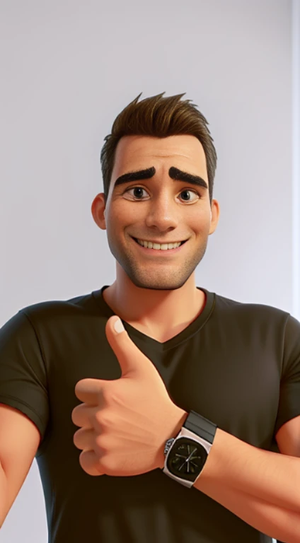 The image shows a man wearing a black t-shirt and a black square wristwatch, smiling and giving a thumbs up. The background is white. The man has a well-groomed beard and a reasonably fit body.