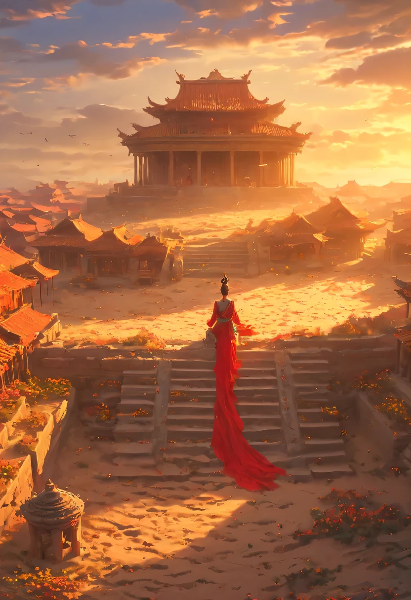 A woman with red makeup sits on the roof of the house，Gaze at the distant skyline，The sunset and the ancient capital create beautiful scenery together，楼兰ancient city，sunset yellow sand，cloud，fallen flowers，ancient city，wild geese