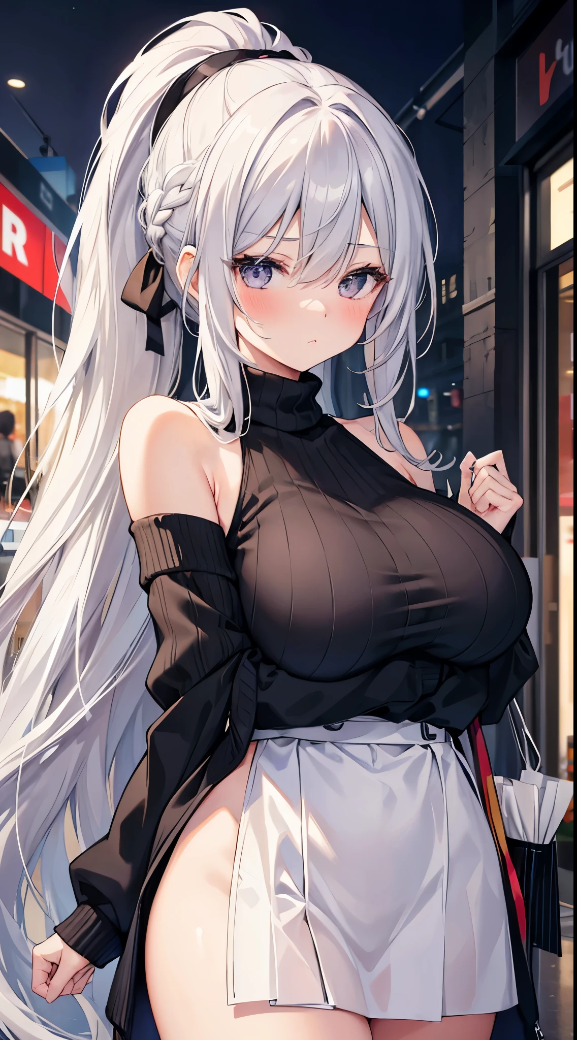 masterpiece, best quality, high resolution, Mature girl,  girl, silver long hair, ponytail hairstyle, black eyes, extremely giant breasts, nice black sweater, shopping center, Pouting, blush, bare shoulders, Naked arms