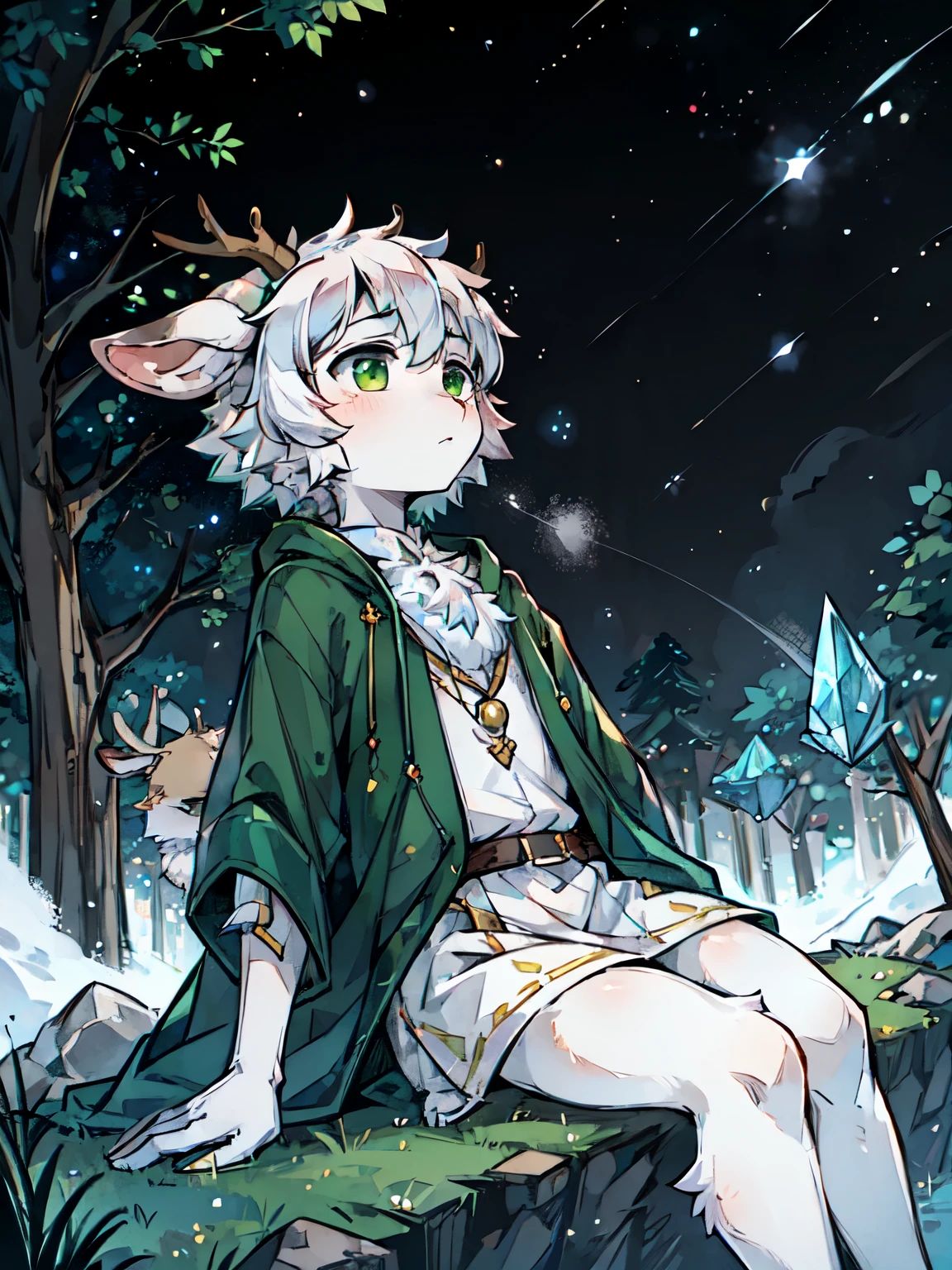 A white deer，green eyes，jaqueta com capuz，antlers，sitting on a rock，starry sky，Brilliant Milky Way，Reach out and reach for the stars，Crystal pupils，Cute Shota，sad，Reach out to the sky，Sit outdoors，Green meadows，individual