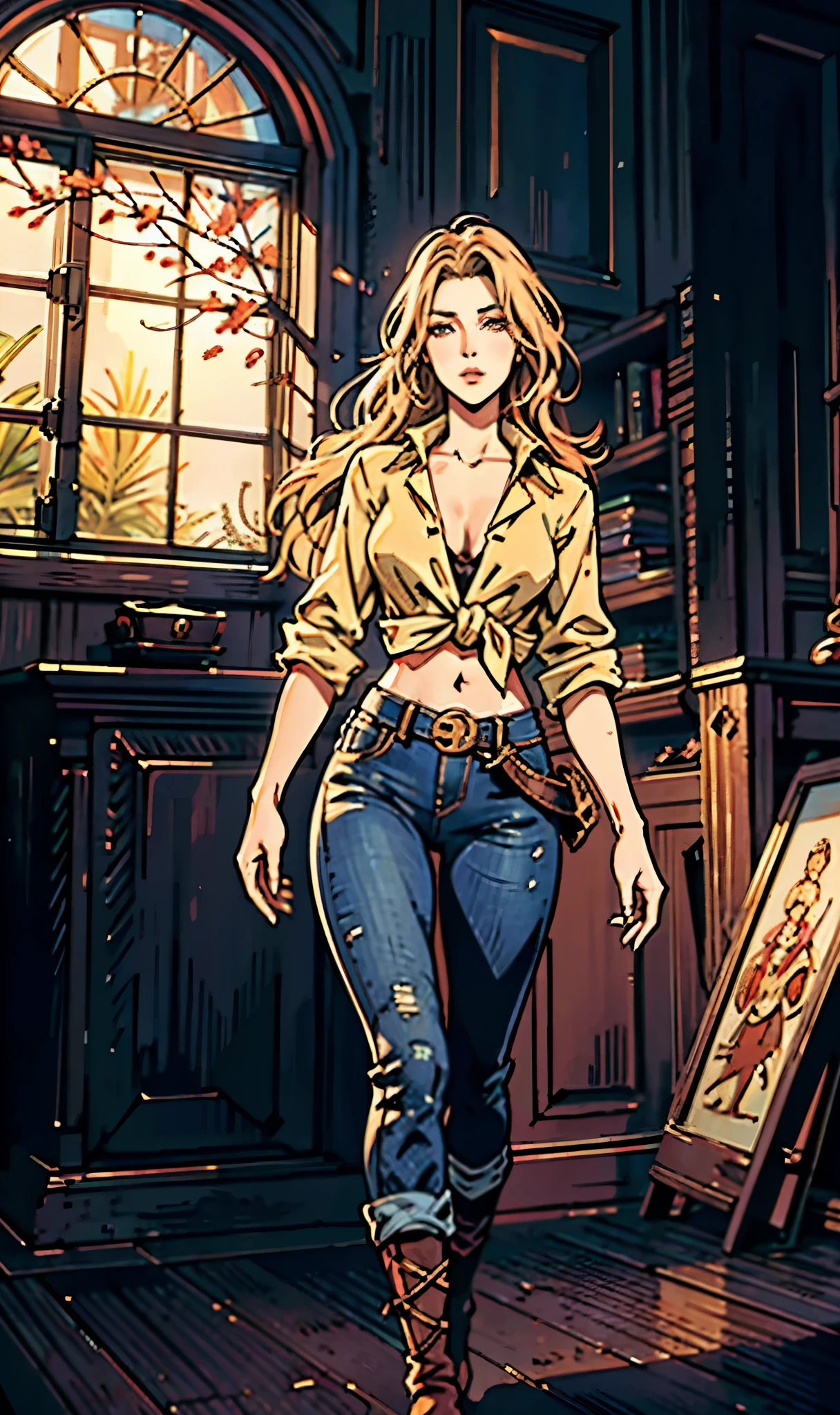 A woman with light brown long hair, a delicate face, a blank look in her eyes, a slender and firm dancer's figure, a fantasy-realistic style outfit, she ties a French shirt at her chest, revealing her graceful waistline, she wears tight jeans on her lower body, a flowing skirt is gracefully tied around her waist, she walks leisurely in a fantasy-style town, this character embodies a finely crafted fantasy-realistic style female dancer in anime style, exquisite and mature manga art style, beautiful woman, high definition, best quality, highres, ultra-detailed, ultra-fine painting, extremely delicate, professional, anatomically correct, symmetrical face, extremely detailed eyes and face, high quality eyes, creativity, RAW photo, UHD, 8k, Natural light, cinematic lighting, masterpiece-anatomy-perfect, masterpiece:1.5