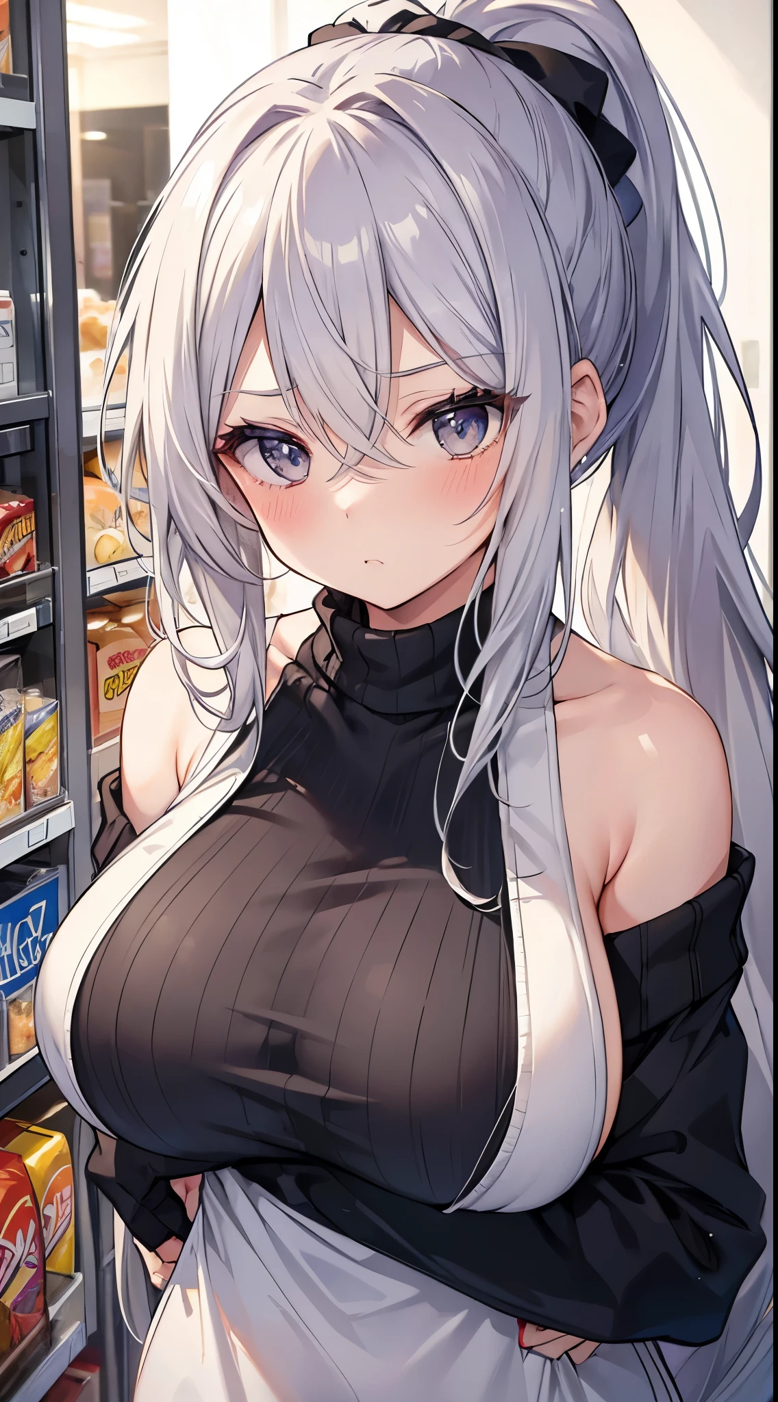 masterpiece, best quality, high resolution, Mature girl, girl, silver long hair, ponytail hairstyle, black eyes, extremely giant breasts, nice black sweater, shopping center, Pouting, blush, bare shoulders, Naked arms