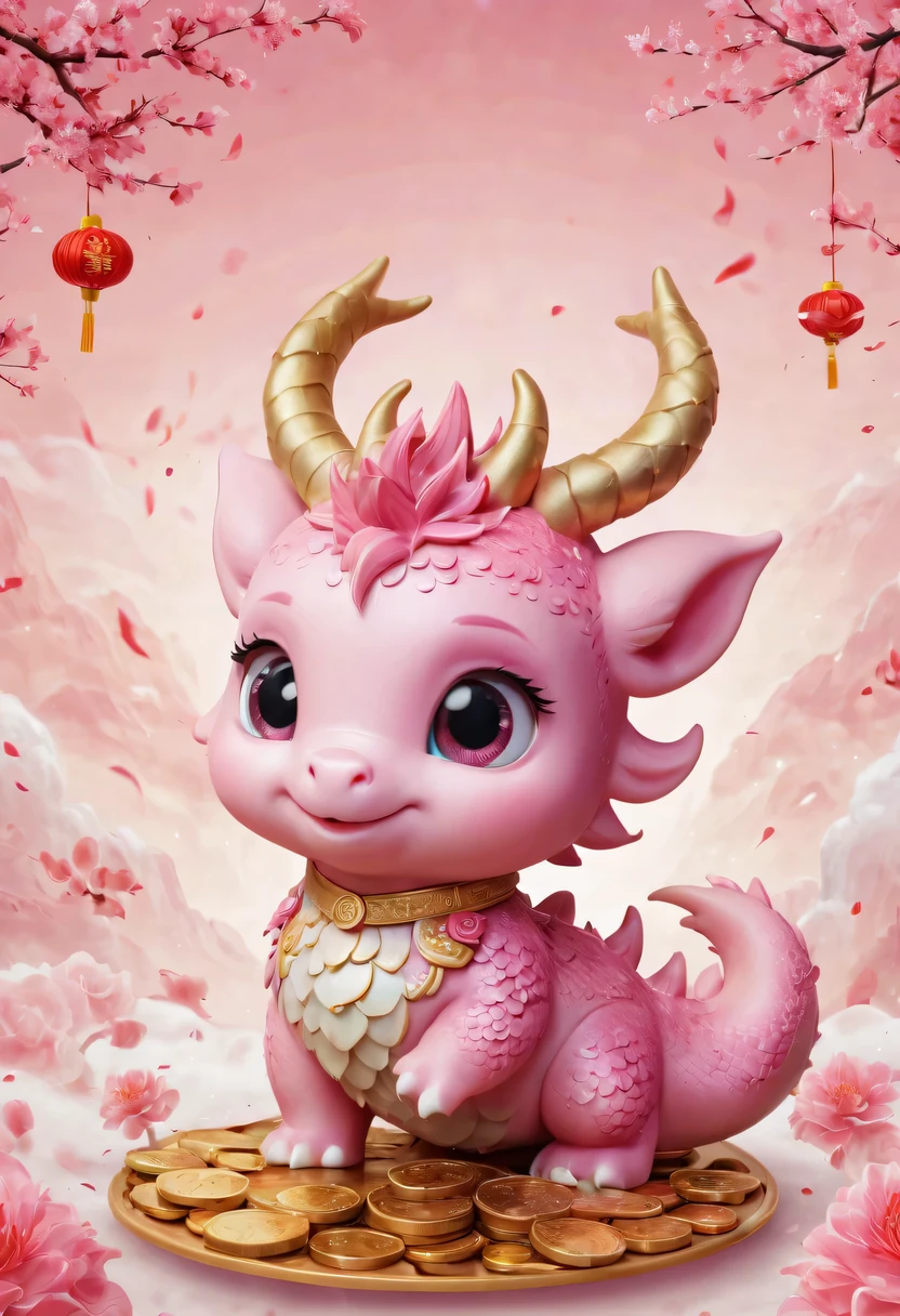 Q version，Cute little dragon，Chinese style，pink space，festive atmosphere，Spring Festival，gold coins，Chinese elements，cartoon，cute pet，Lively，fireworks，Lovely antlers，